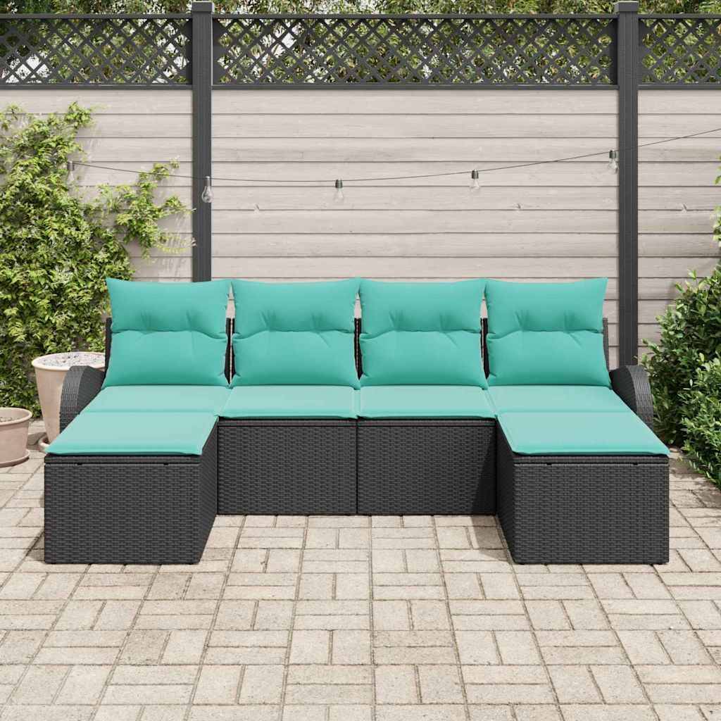 vidaXL Sofa Set mit Kissen 6 pcs Schwarz und Türkis Poly-Rattan