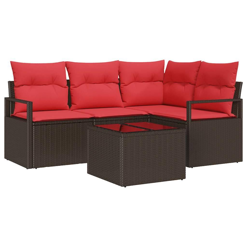 vidaXL Gartensofa-set mit Kissen 5 pcs Braun und Rot Poly-Rattan