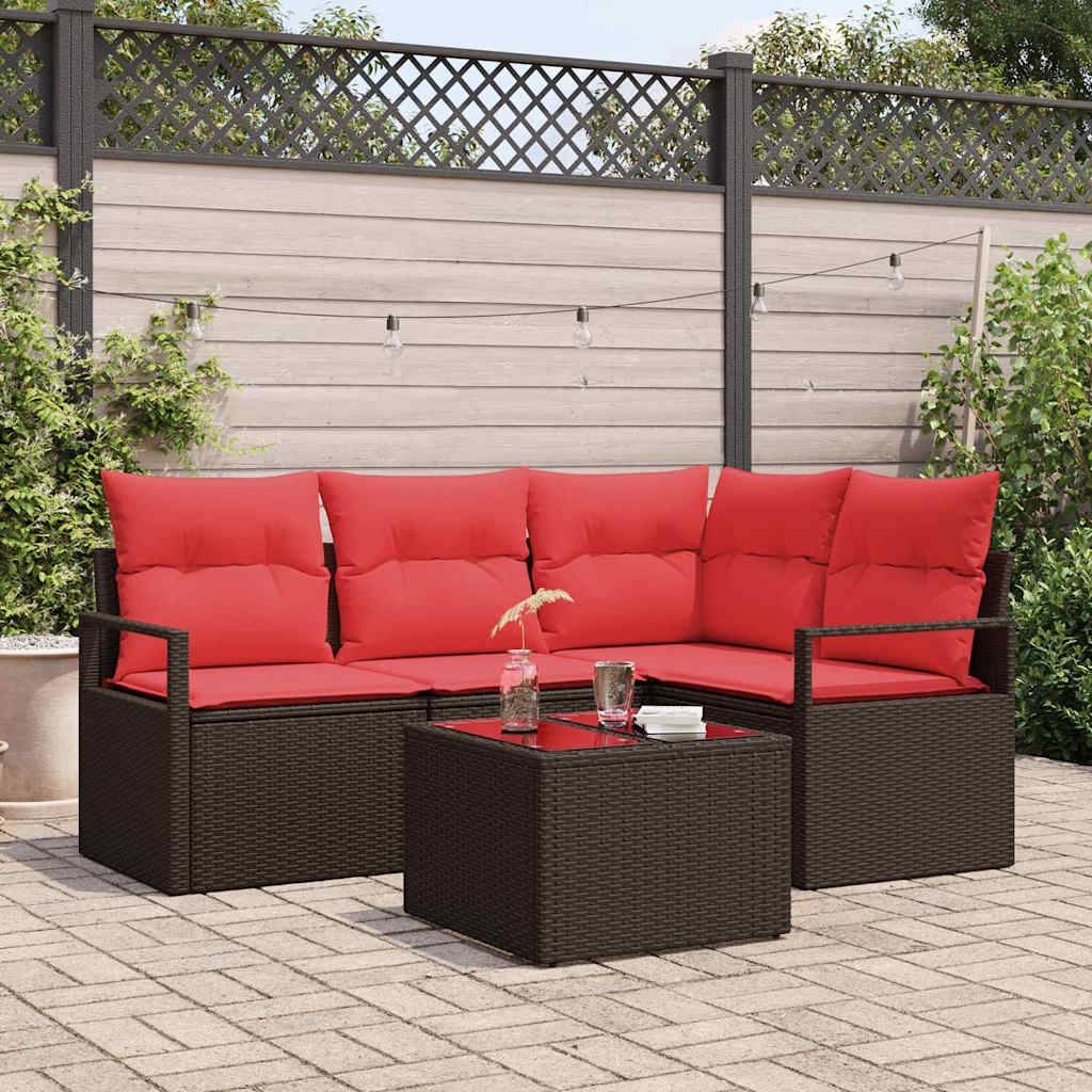vidaXL Gartensofa-set mit Kissen 5 pcs Braun und Rot Poly-Rattan