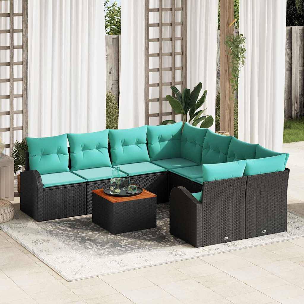 vidaXL Gartensofa-set 9 pcs Schwarz und Türkis Poly-Rattan