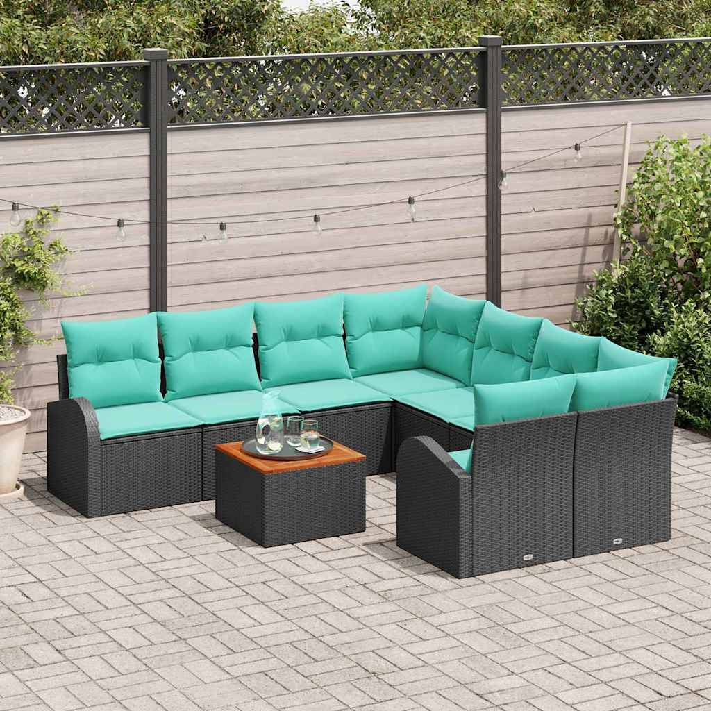 vidaXL Gartensofa-set 9 pcs Schwarz und Türkis Poly-Rattan