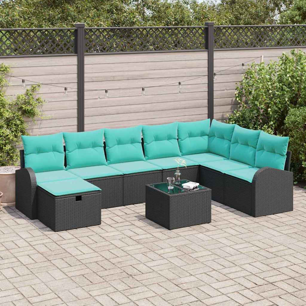 vidaXL Garten-Sofa-Set mit Kissen 9 pcs Schwarz Poly Rattan