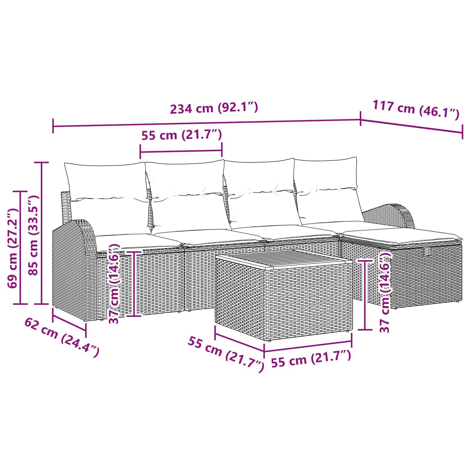 vidaXL Garten-Sofa-Set mit Kissen 6 pcs Schwarz Poly Rattan
