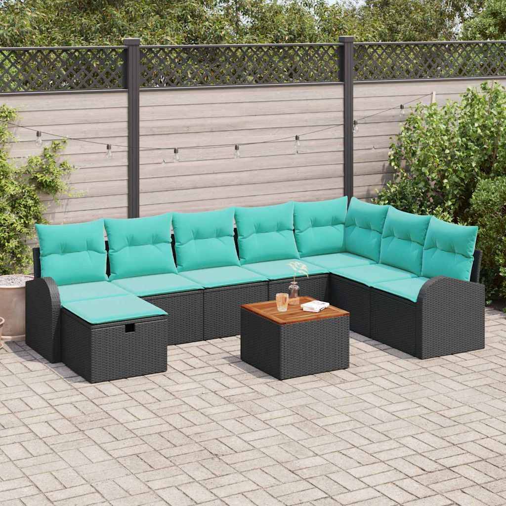 vidaXL Gartensofa-set mit Kissen 9 pcs Schwarz Poly Rattan