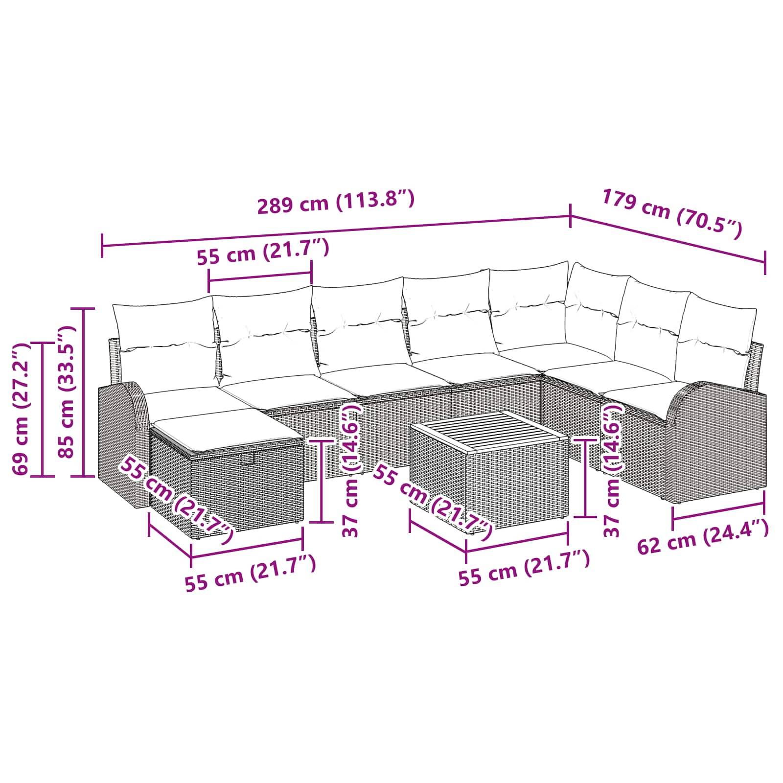 vidaXL Gartensofa-set mit Kissen 9 pcs Schwarz Poly Rattan