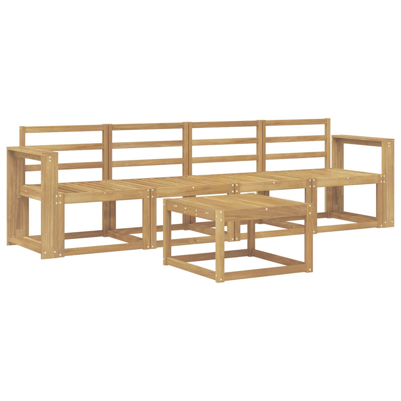 Modulares Outdoor-Sofaset aus Holz mit Lamellensitzflächen, Armlehnen und passendem Couchtisch auf weißem Hintergrund.