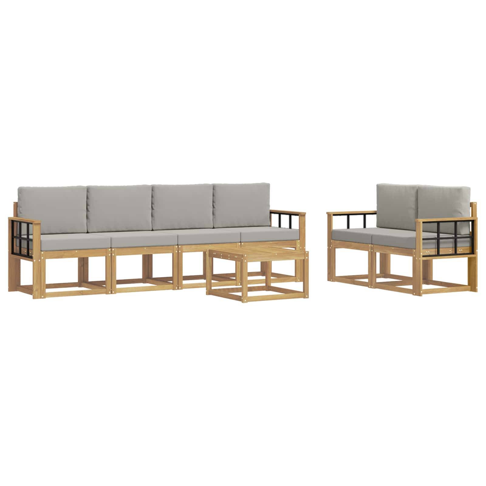Modulares Außensektional-Sofaset mit grauen Kissen, Holzrahmen und passendem Couchtisch, gezeigt in zwei Sitzkonfigurationen.