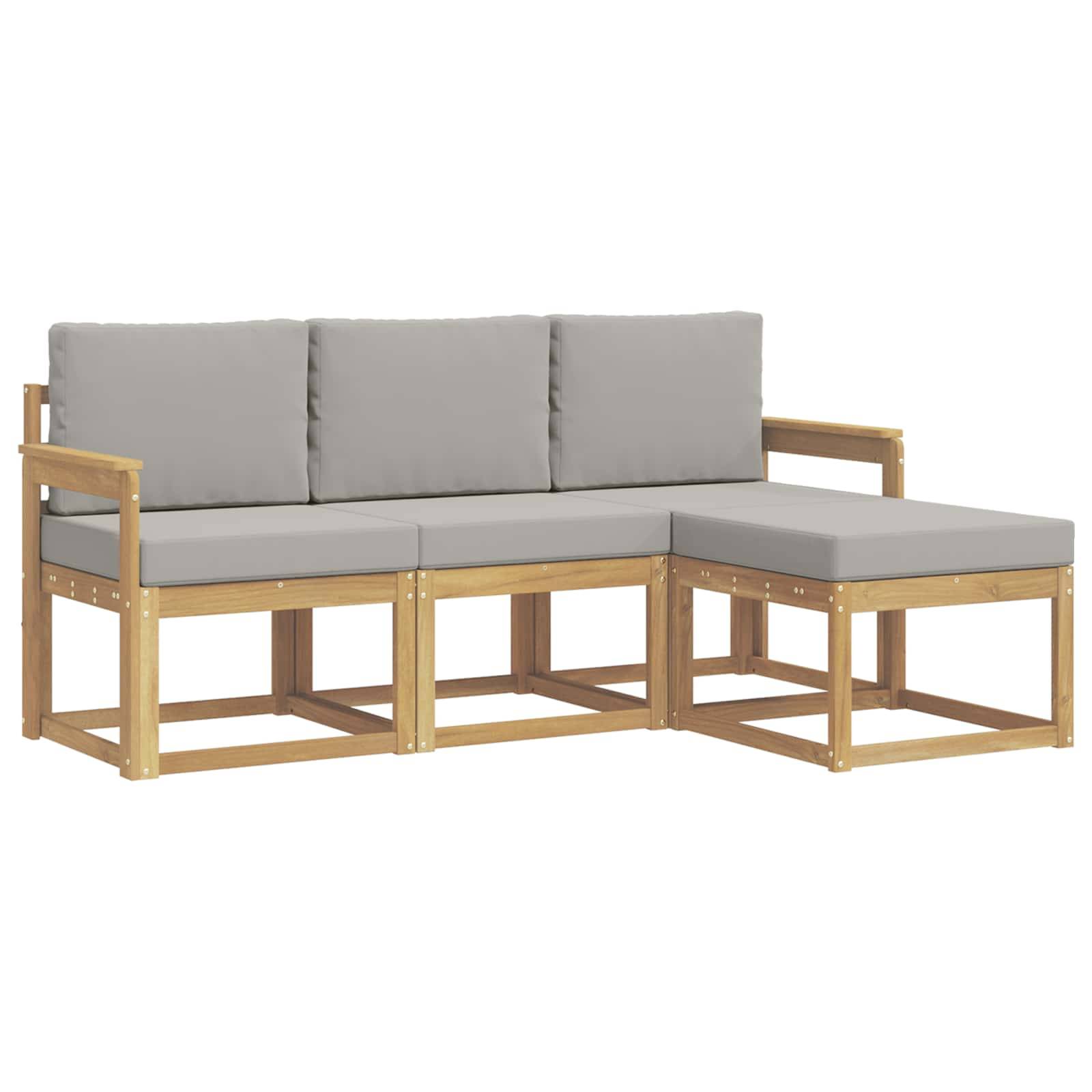 Modernes Outdoor-Ecksofa mit hellem Holzrahmen und grauen Kissen, gezeigt mit angebrachter Chaiselongue.