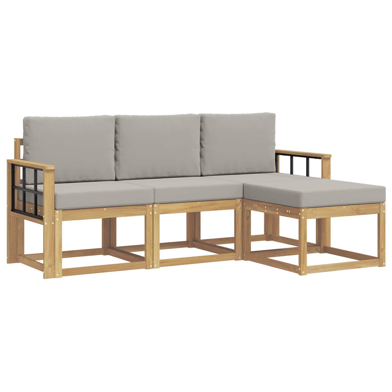 L-förmiges Outdoor-Ecksofa mit hellem Holzrahmen, schwarzen Seitenelementen und grauen Kissen auf weißem Hintergrund.