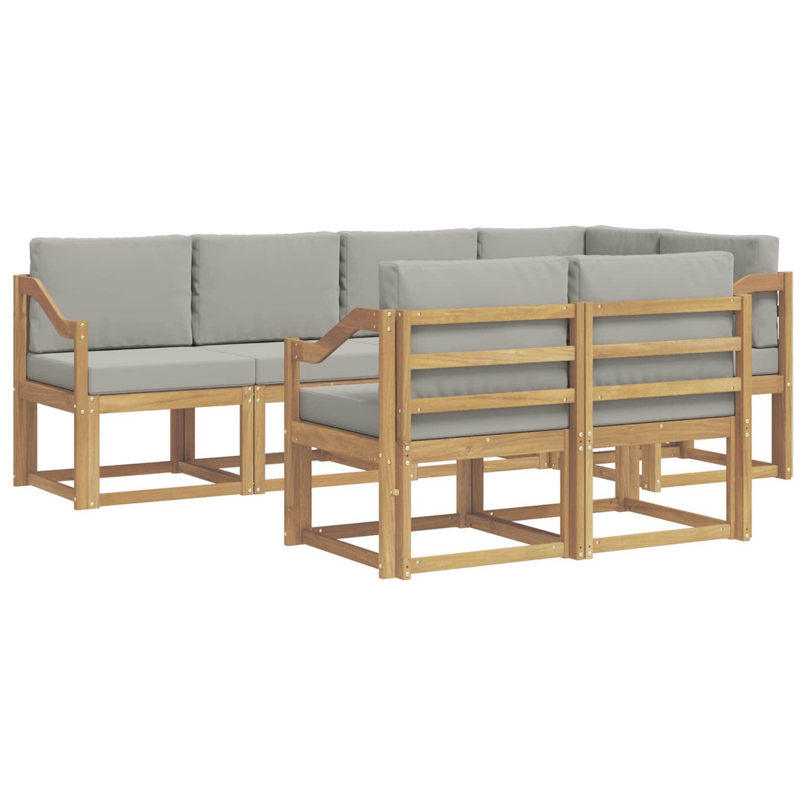 Zwei Gartensofas mit Holzrahmen und grauen Kissen, von vorne und hinten auf weißem Hintergrund abgebildet.