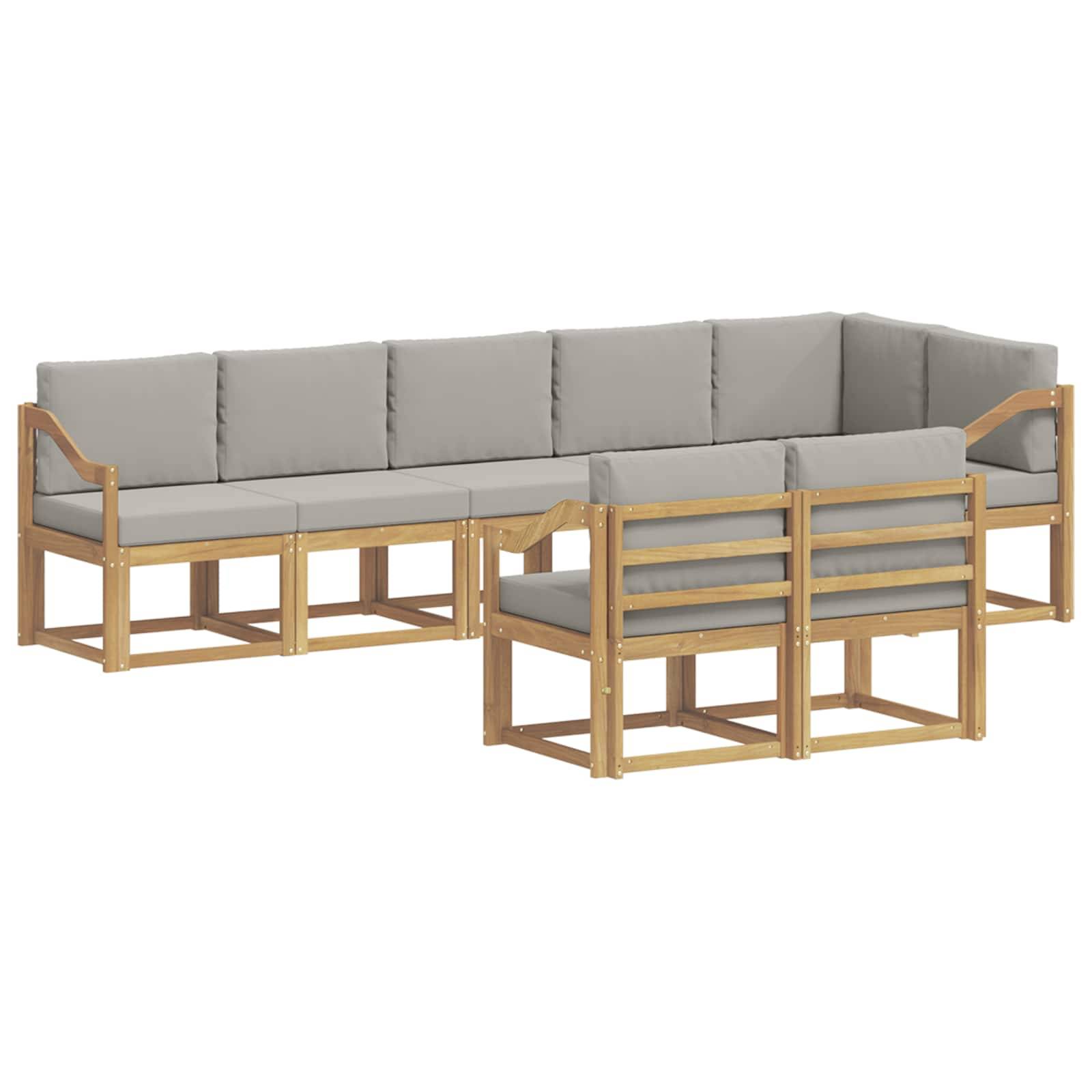 Hellholz-Outdoor-Ecksofa mit grauen Kissen und passendem Sessel, dargestellt in einer modularen Terrassenbestuhlung auf weißem Hintergrund.
