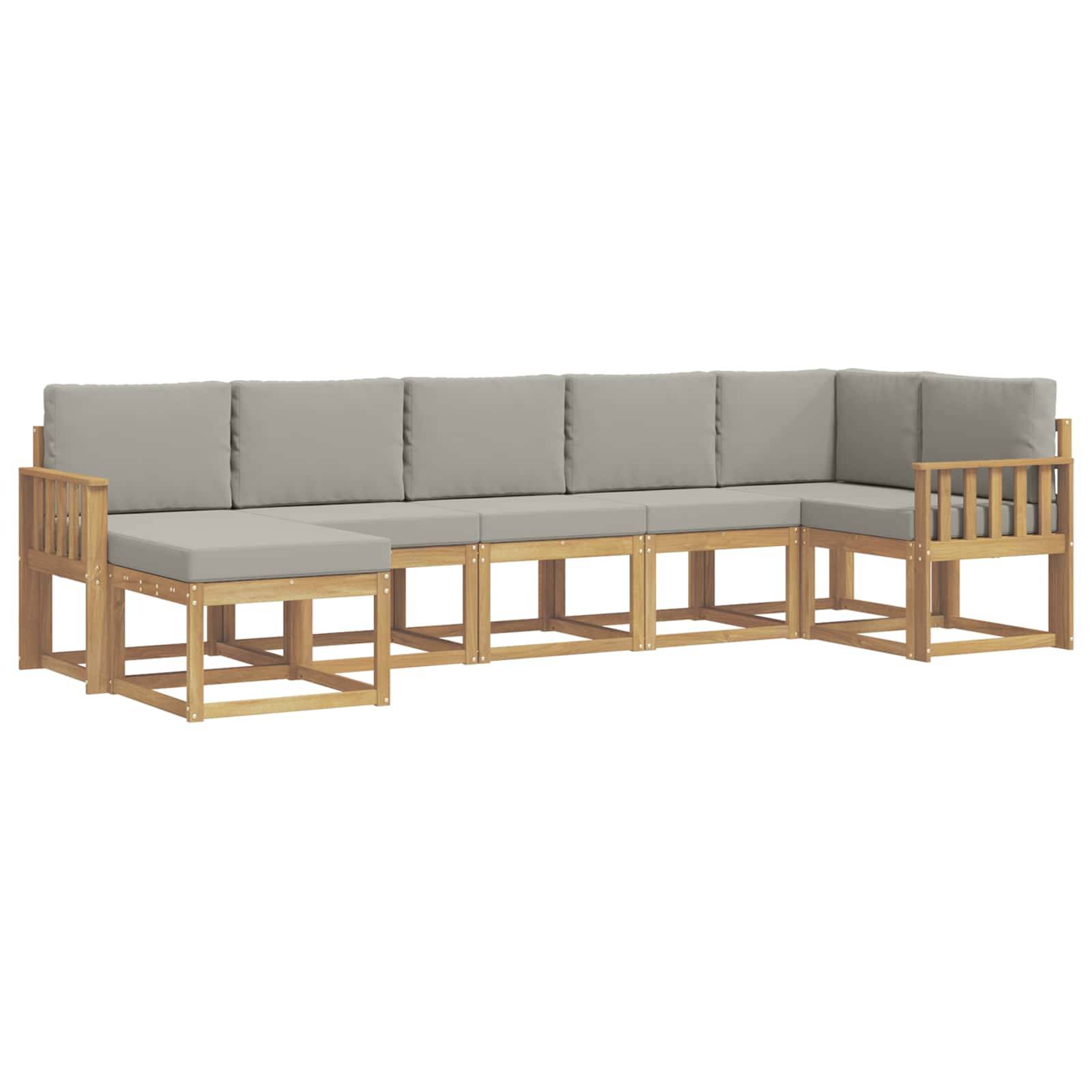 Hellbraunes Outdoor-Ecksofa aus Holz mit grauen Kissen und linker Chaiselongue, auf weißem Hintergrund abgebildet.