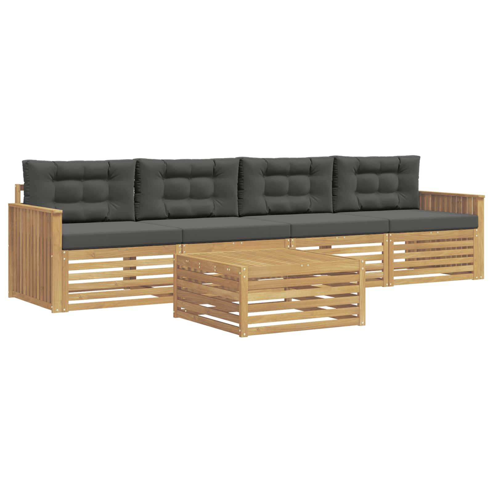Outdoor-Holz-Patio-Ecksofa mit dunkelgrauen Kissen und passendem Lamellenkaffeetisch
