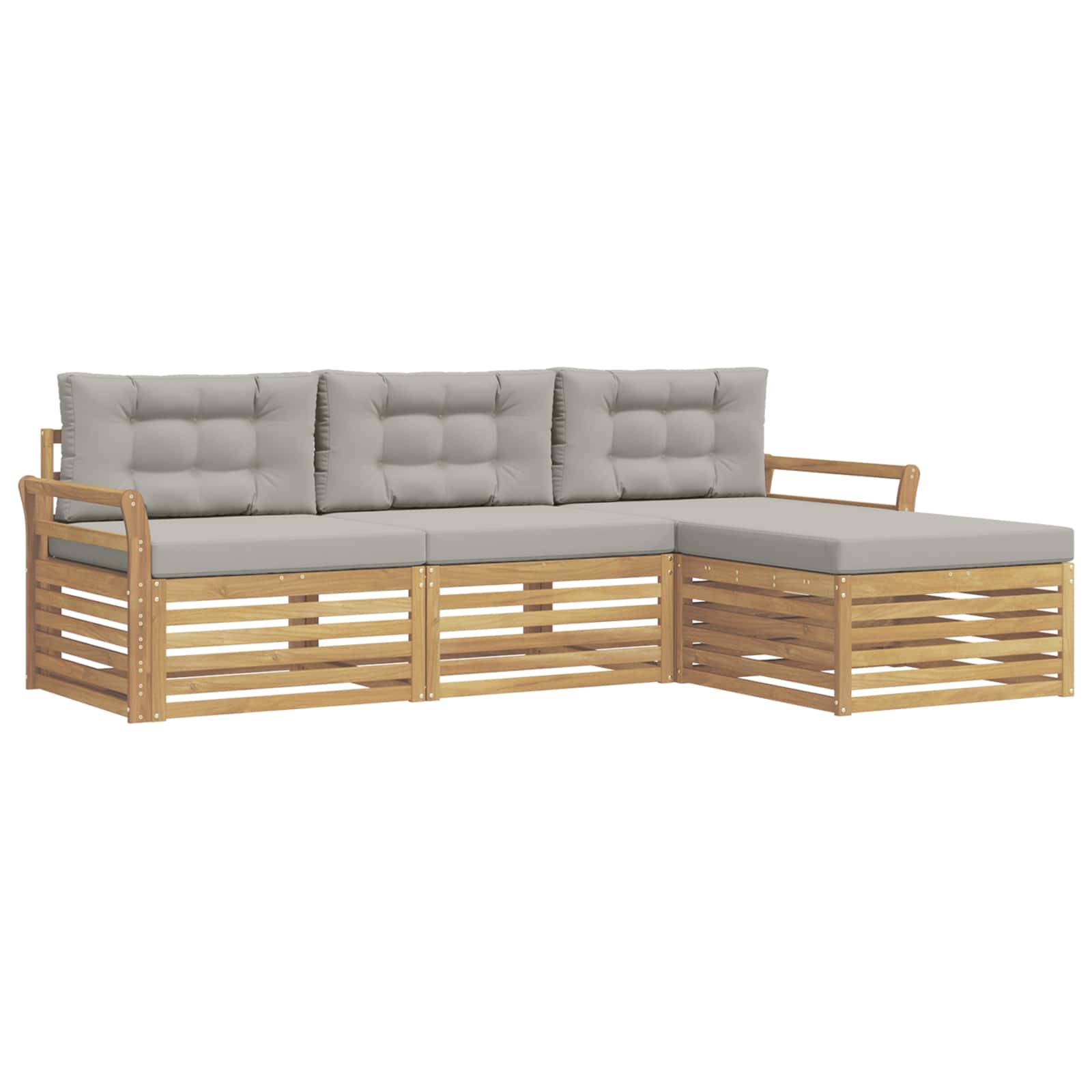 L-förmiges Holz-Außensofa mit grauen Kissen und Lamellenseiten, dargestellt auf weißem Hintergrund.