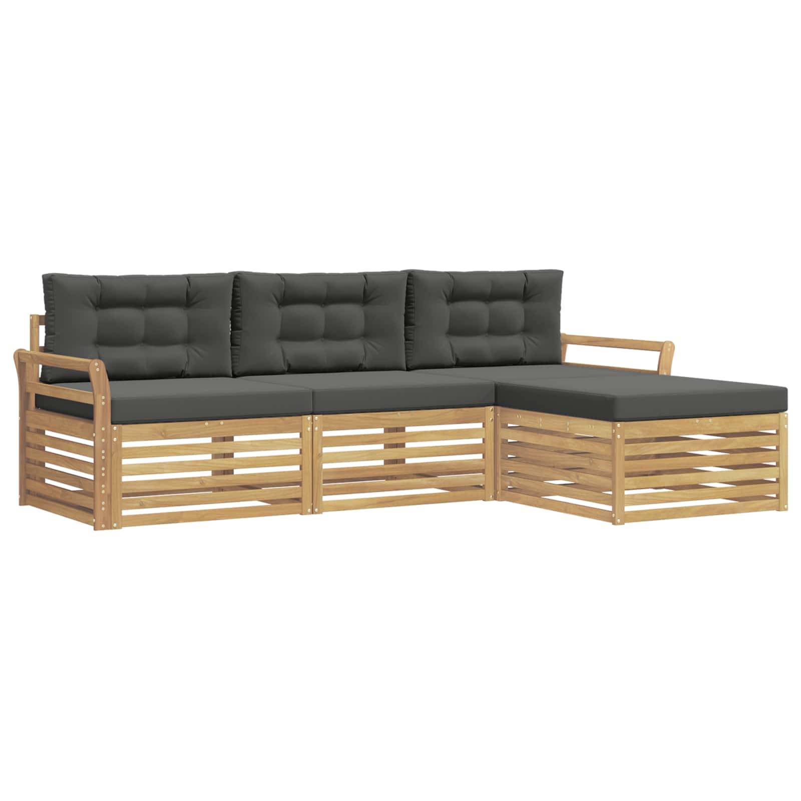 Dunkelgraues gepolstertes L-förmiges Außensofa mit hellem Holzlattenrahmen und Armlehnen auf weißem Hintergrund.