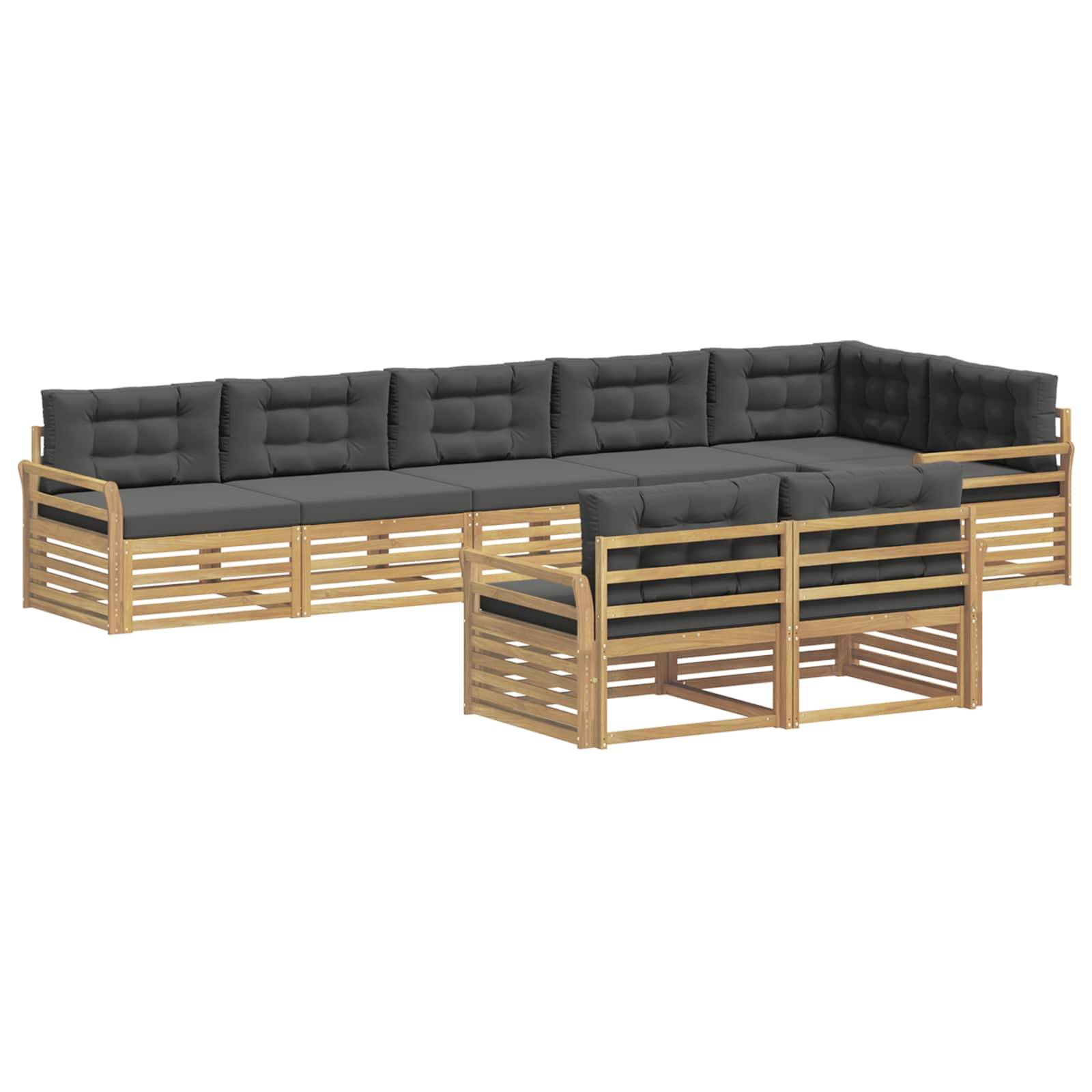 Dunkelgraues L-förmiges Outdoor-Lounge-Set mit Holzlattenrahmen und passendem Chaiselongue-Sitz auf weißem Hintergrund.