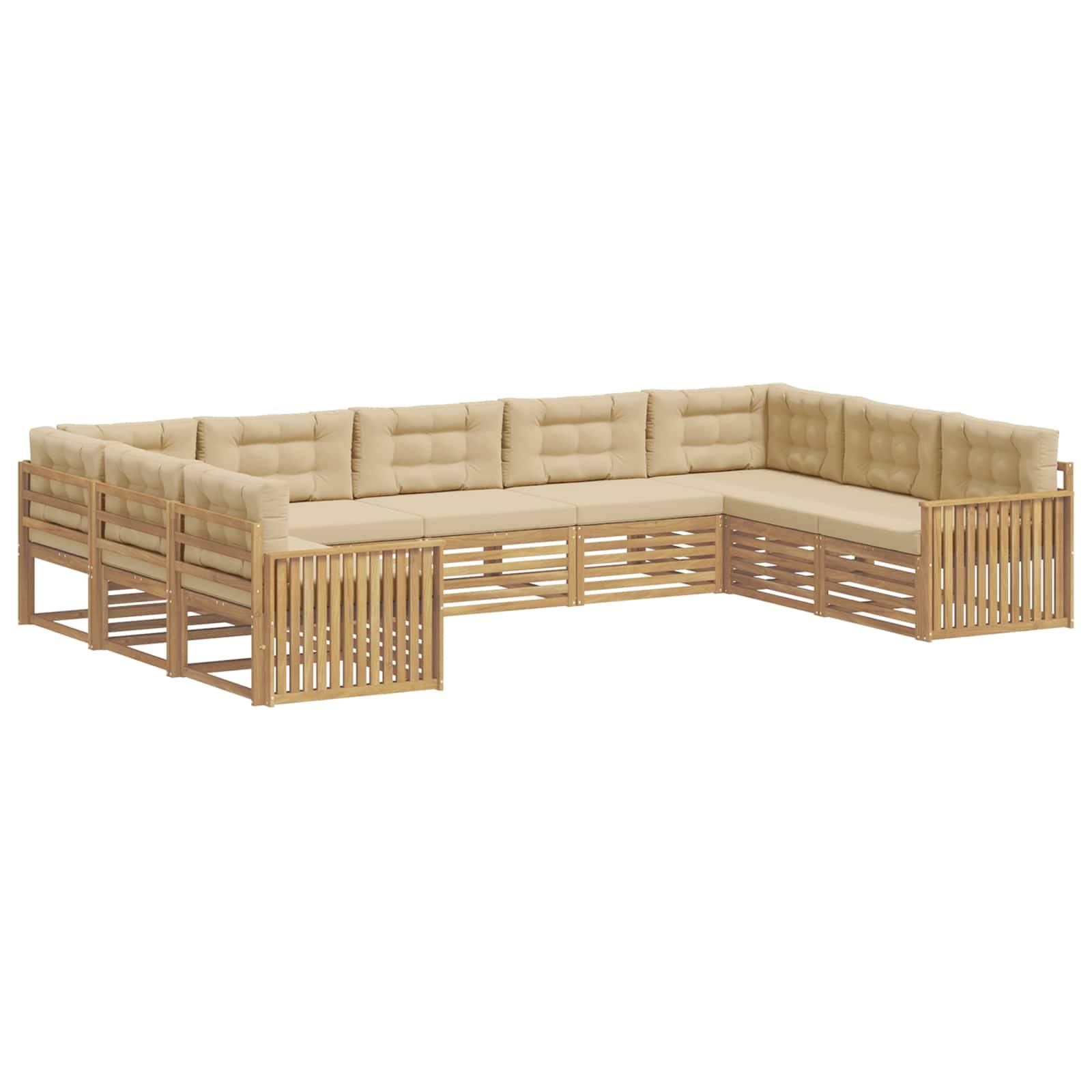 Beige L-förmiges Outdoor-Sectional-Sofa mit Holzrahmen und lamellierte Seiten, gezeigt auf weißem Hintergrund.