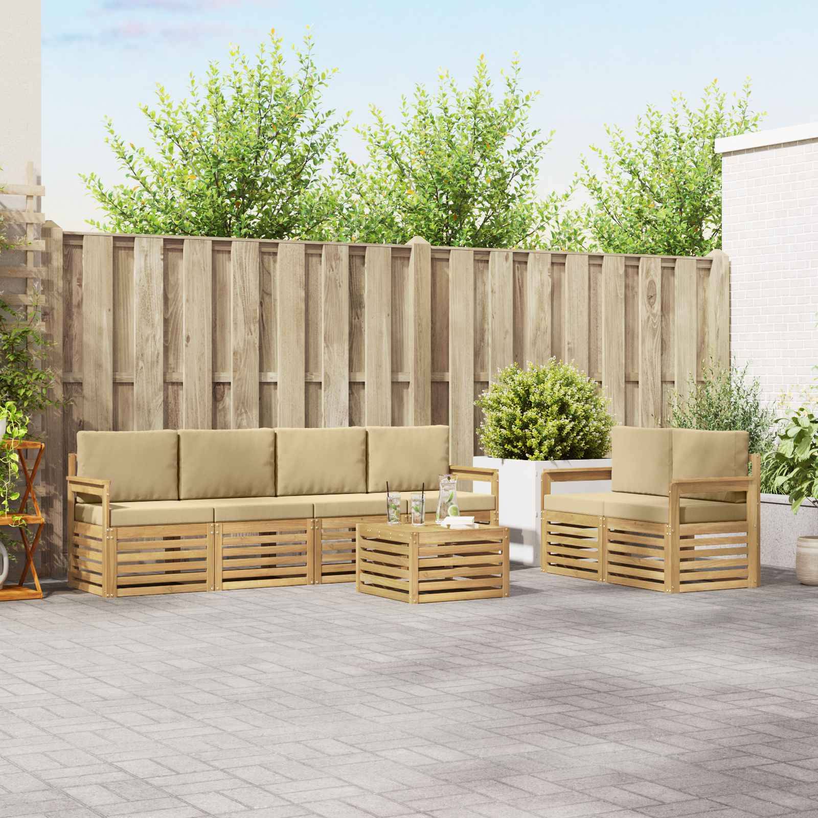 vidaXL Outdoor-Sofagarnitur mit Kissen 7 pcs Weiß und Beige Polyester