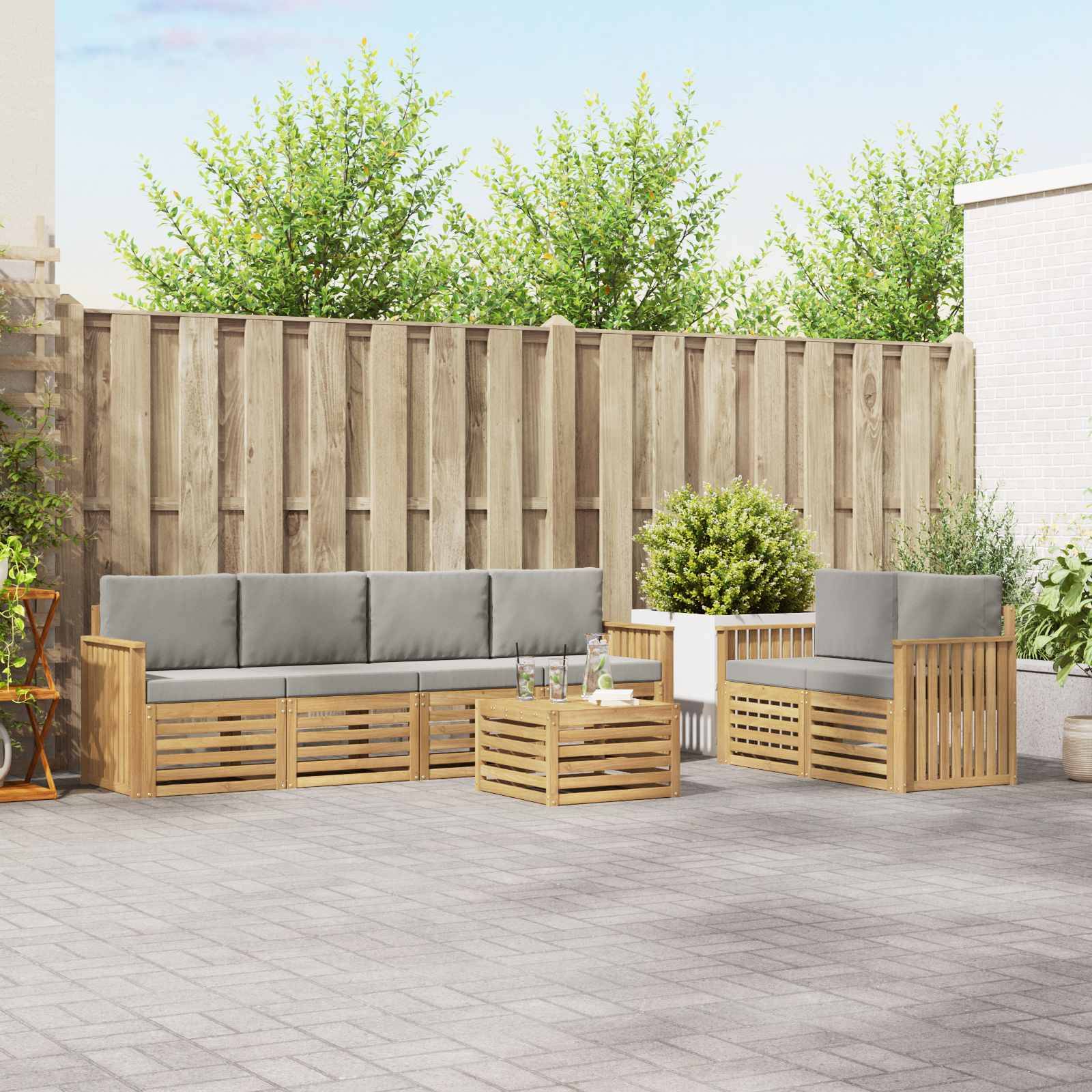 vidaXL Outdoor-Sofagarnitur 7 pcs Weiß und Hellgrau Polyester