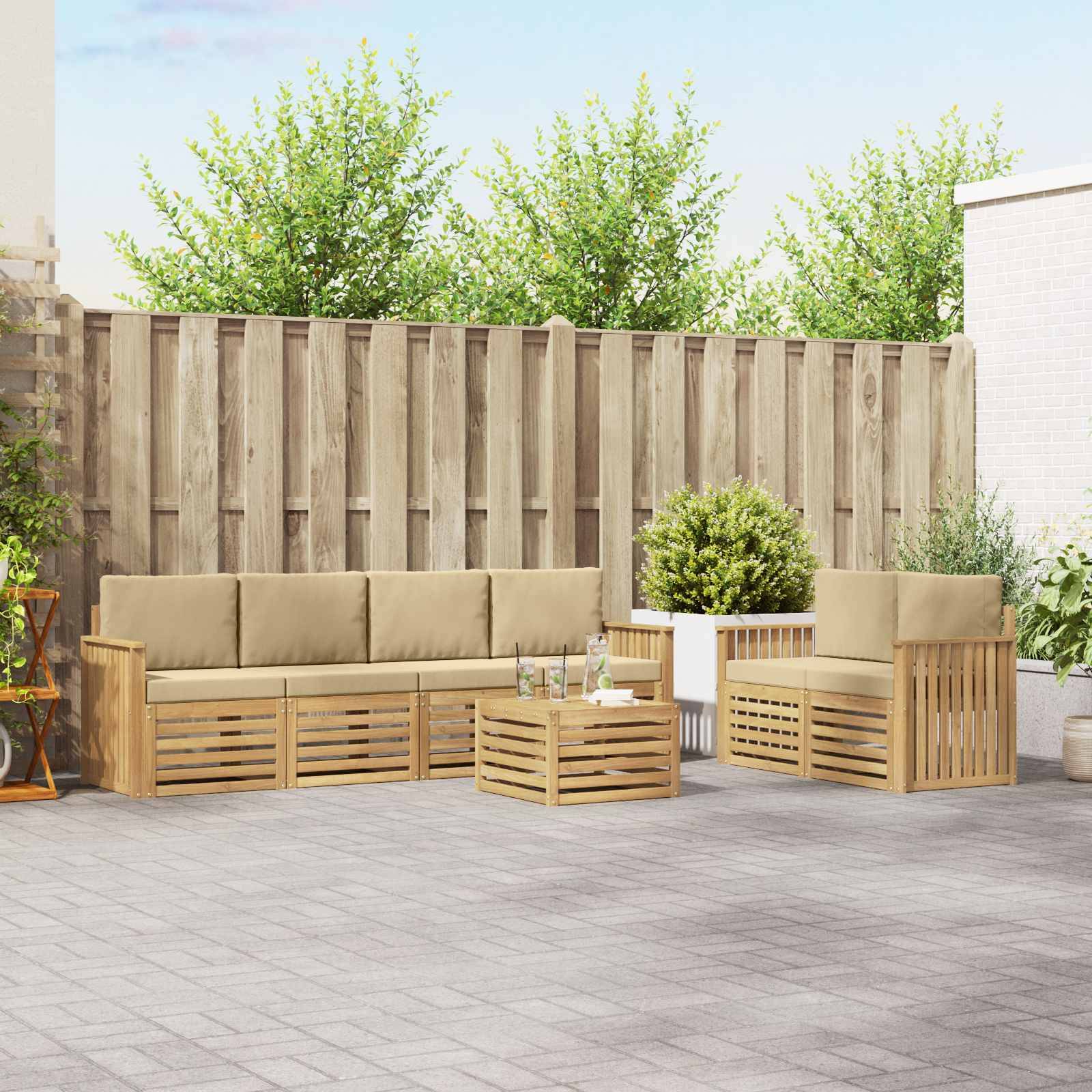 vidaXL Outdoor-Sofagarnitur mit Kissen 7 pcs Weiß und Beige Polyester