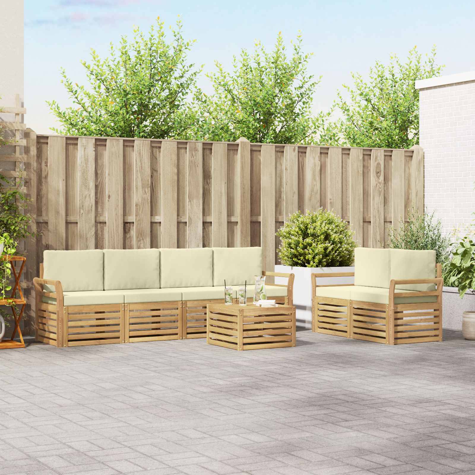 vidaXL Outdoor-Sofagarnitur mit Kissen 7 pcs Weiß und Creme Polyester