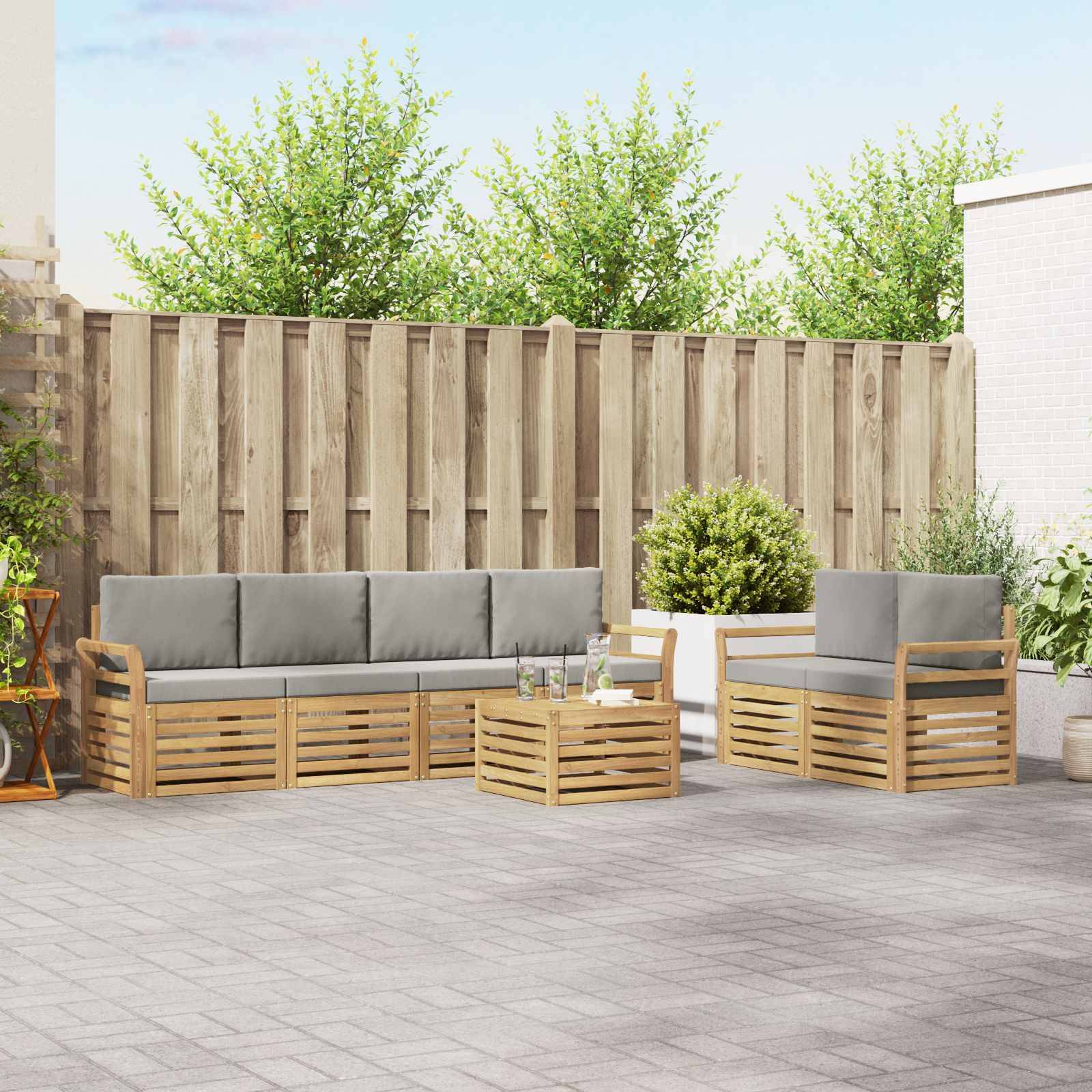 vidaXL Outdoor-Sofagarnitur 7 pcs Weiß und Hellgrau Polyester