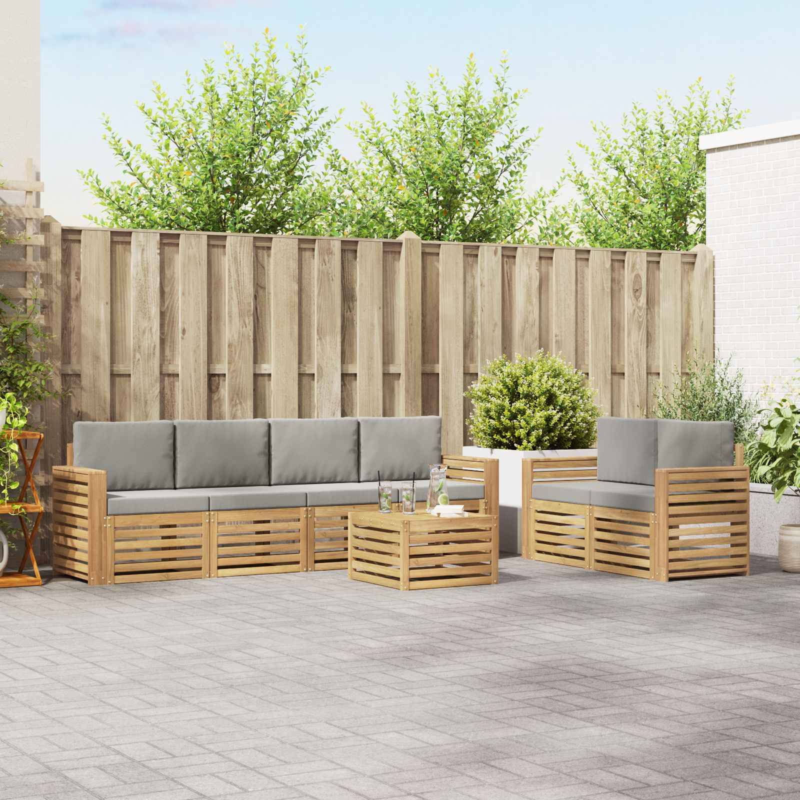 vidaXL Outdoor-Sofagarnitur 7 pcs Weiß und Hellgrau Polyester