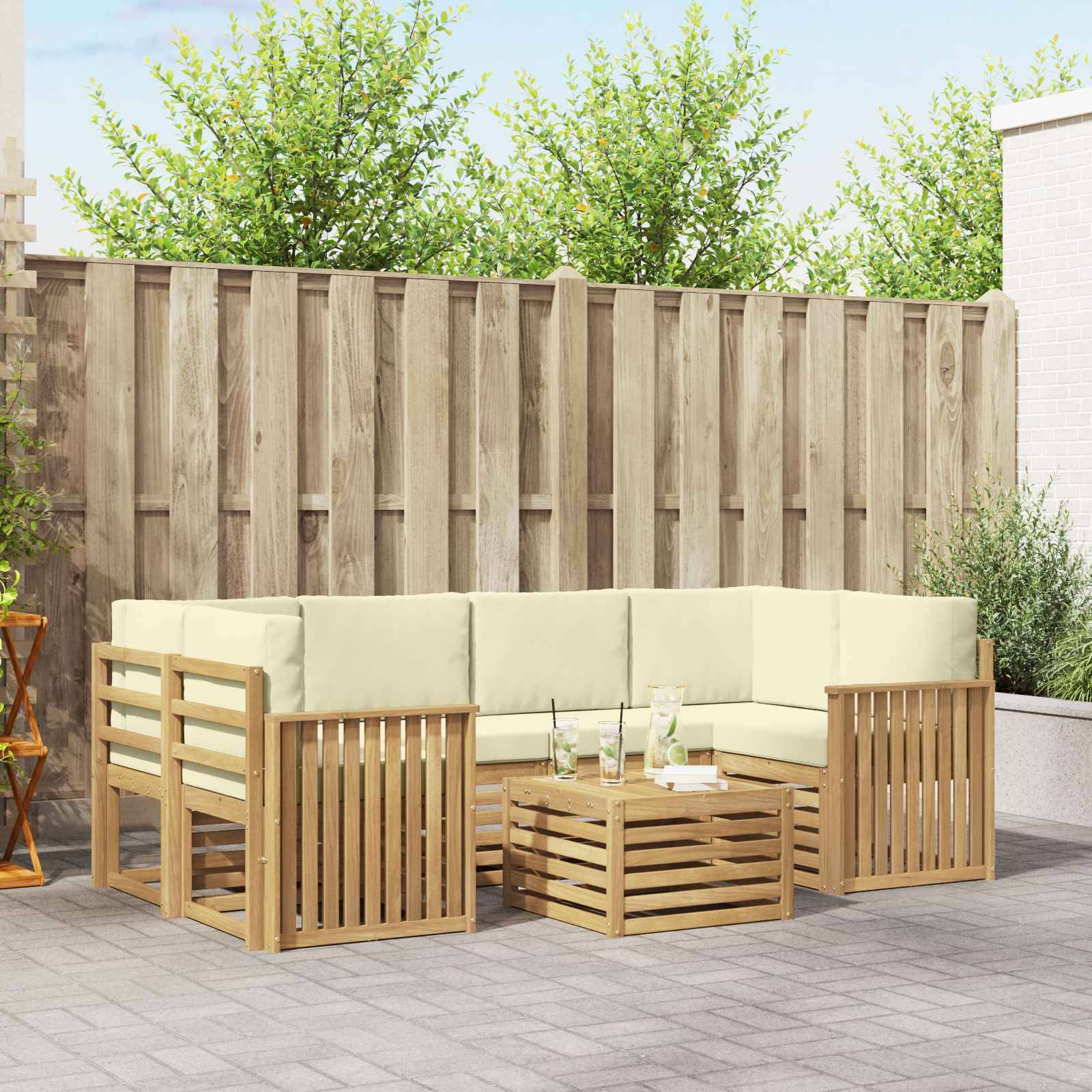 vidaXL Outdoor-Sofagarnitur mit Kissen 7 pcs Weiß und Creme Polyester