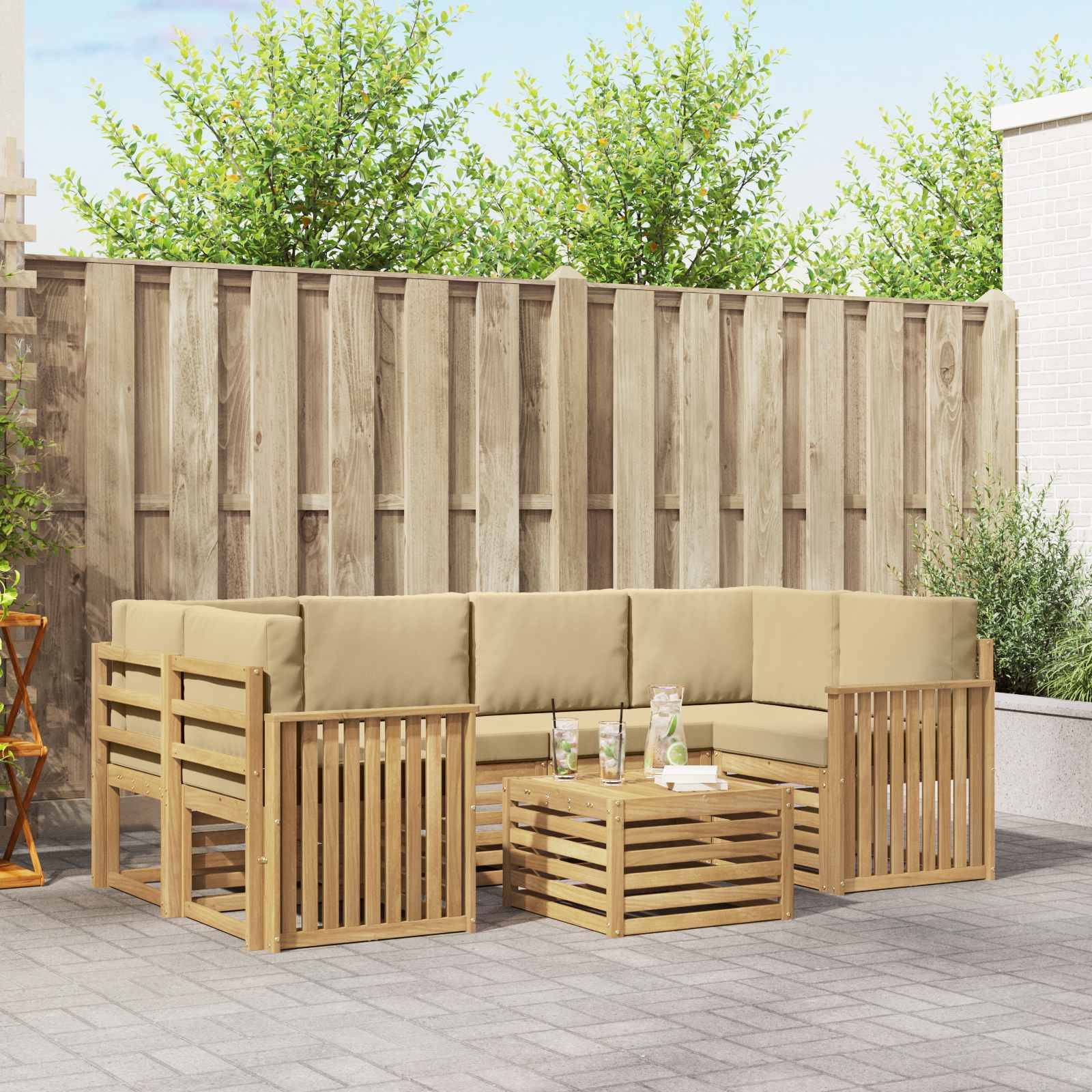 vidaXL Outdoor-Sofagarnitur mit Kissen 7 pcs Weiß und Beige Polyester