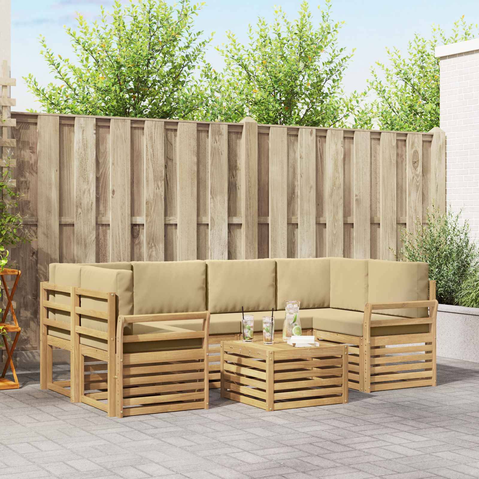 vidaXL Outdoor-Sofagarnitur mit Kissen 7 pcs Weiß und Beige Polyester