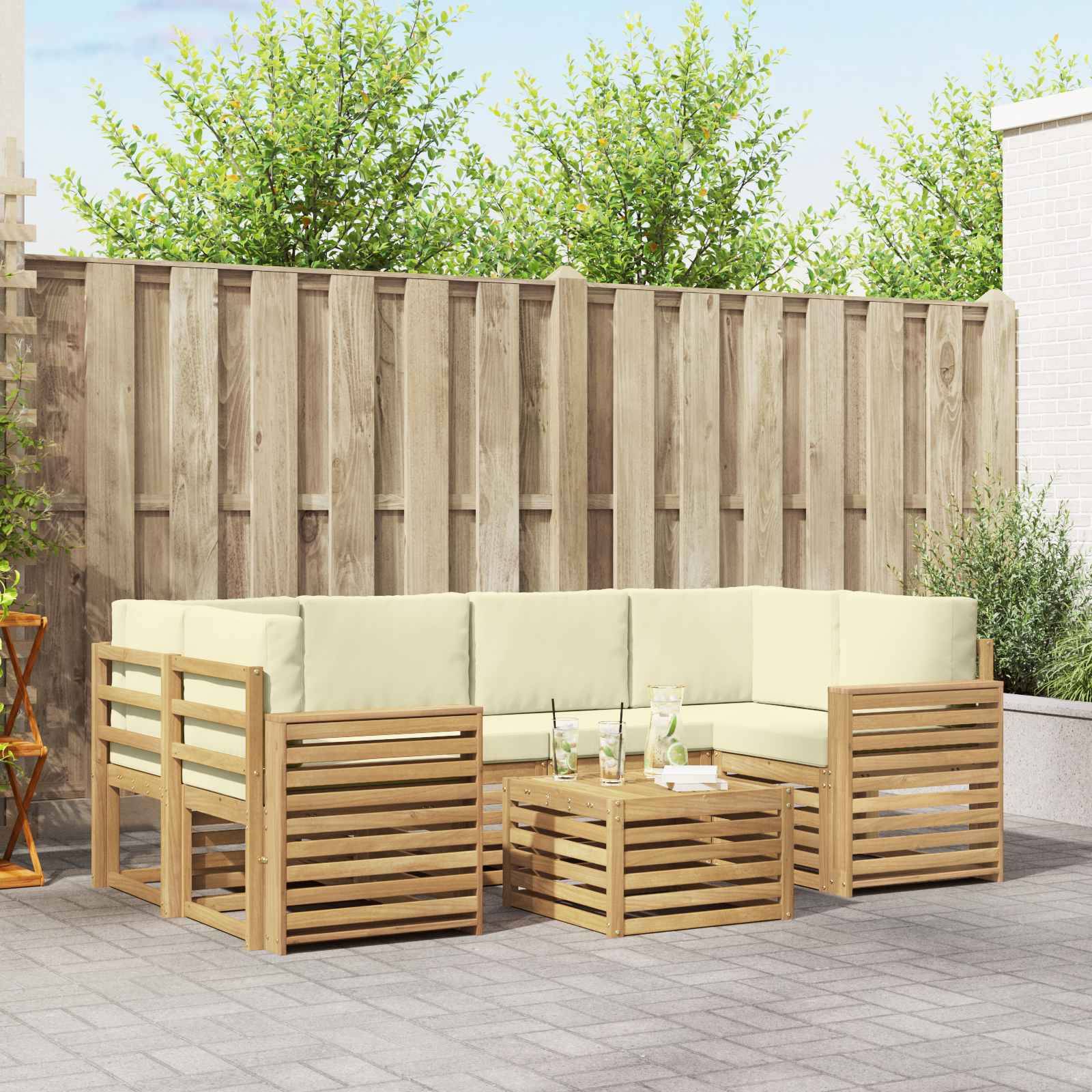 vidaXL Outdoor-Sofagarnitur mit Kissen 7 pcs Weiß und Creme Polyester