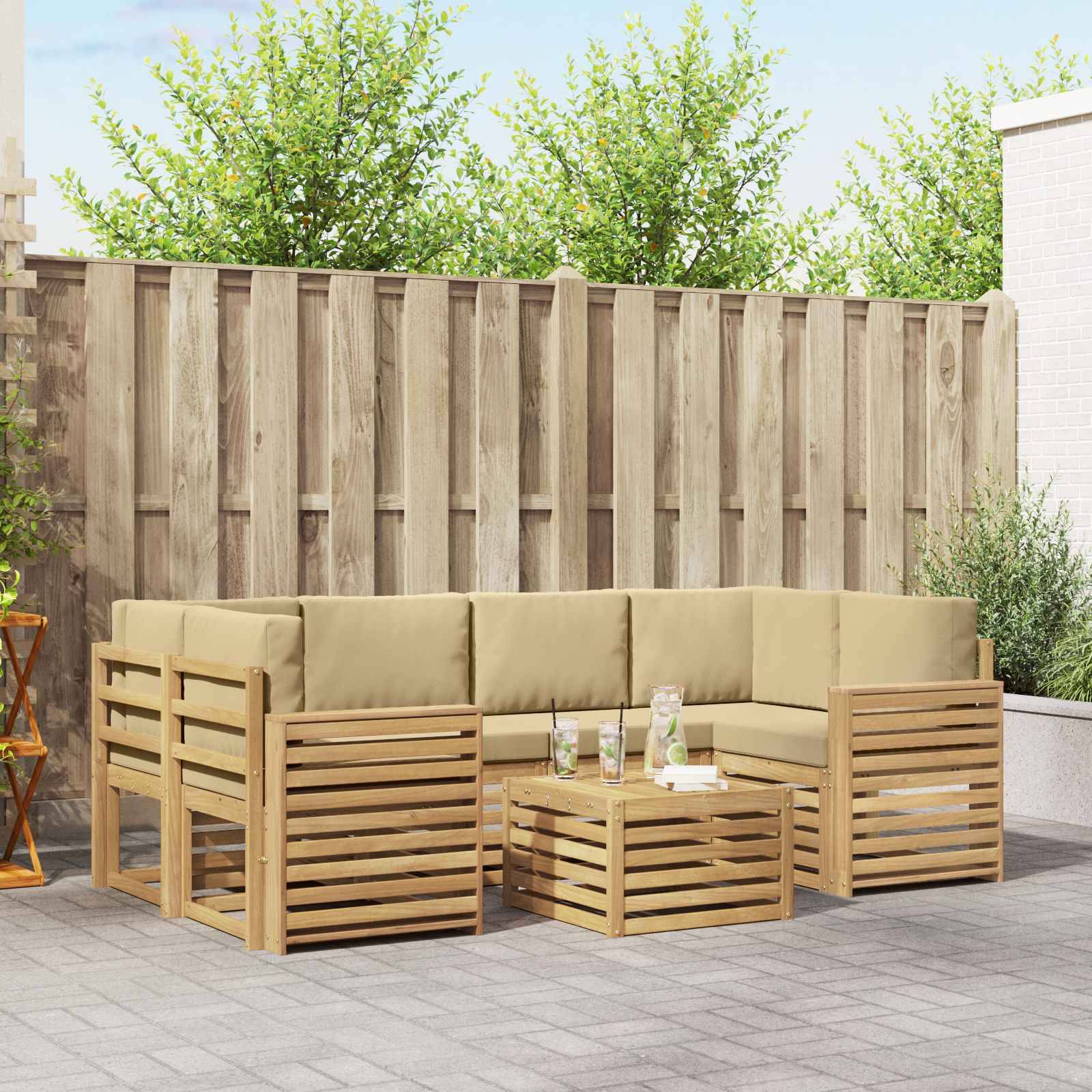 vidaXL Outdoor-Sofagarnitur mit Kissen 7 pcs Weiß und Beige Polyester