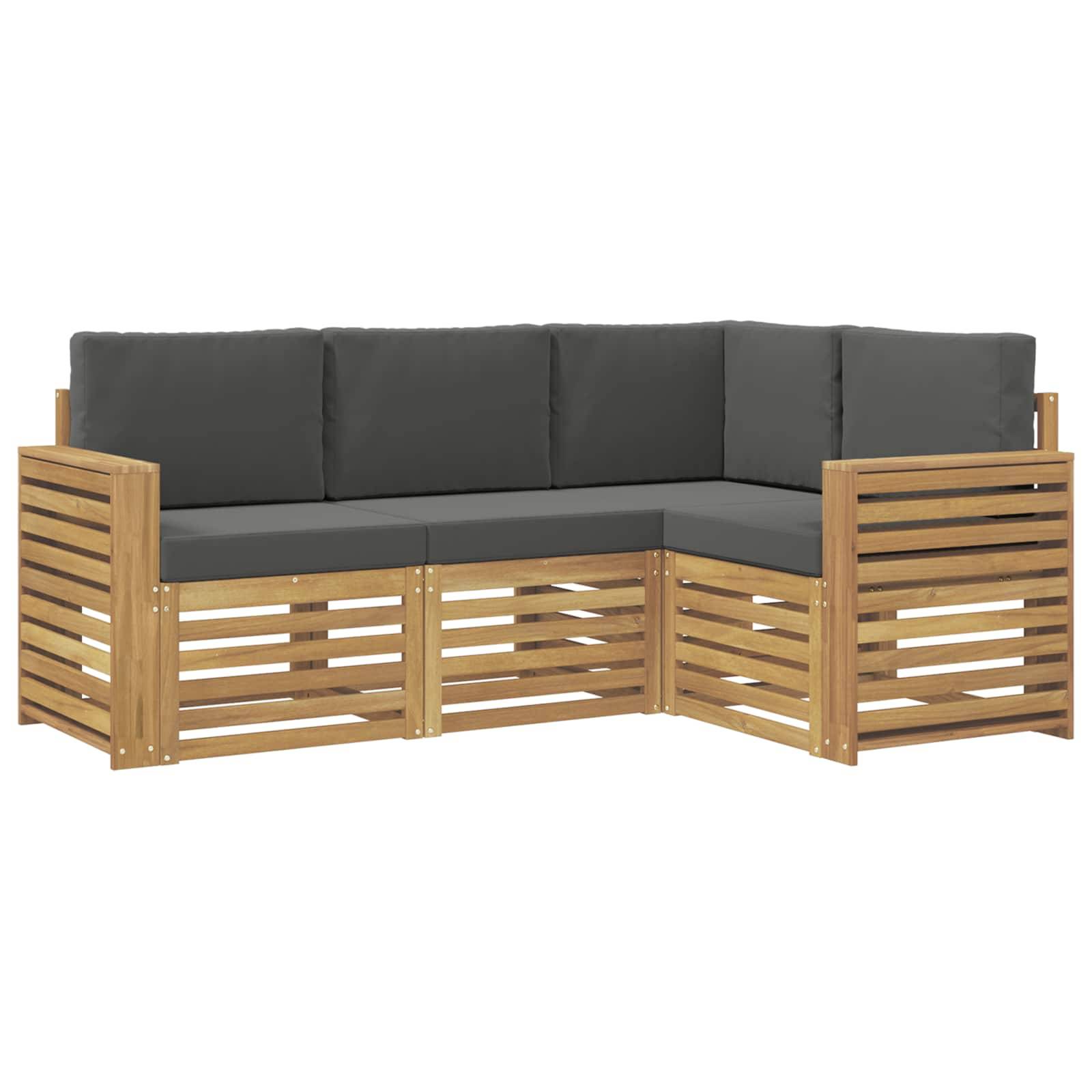 L-förmiges Außen-Ecksofa mit Holzlattenrahmen, grauen Kissen und dunkelgrauen Rückenkissen auf weißem Hintergrund.