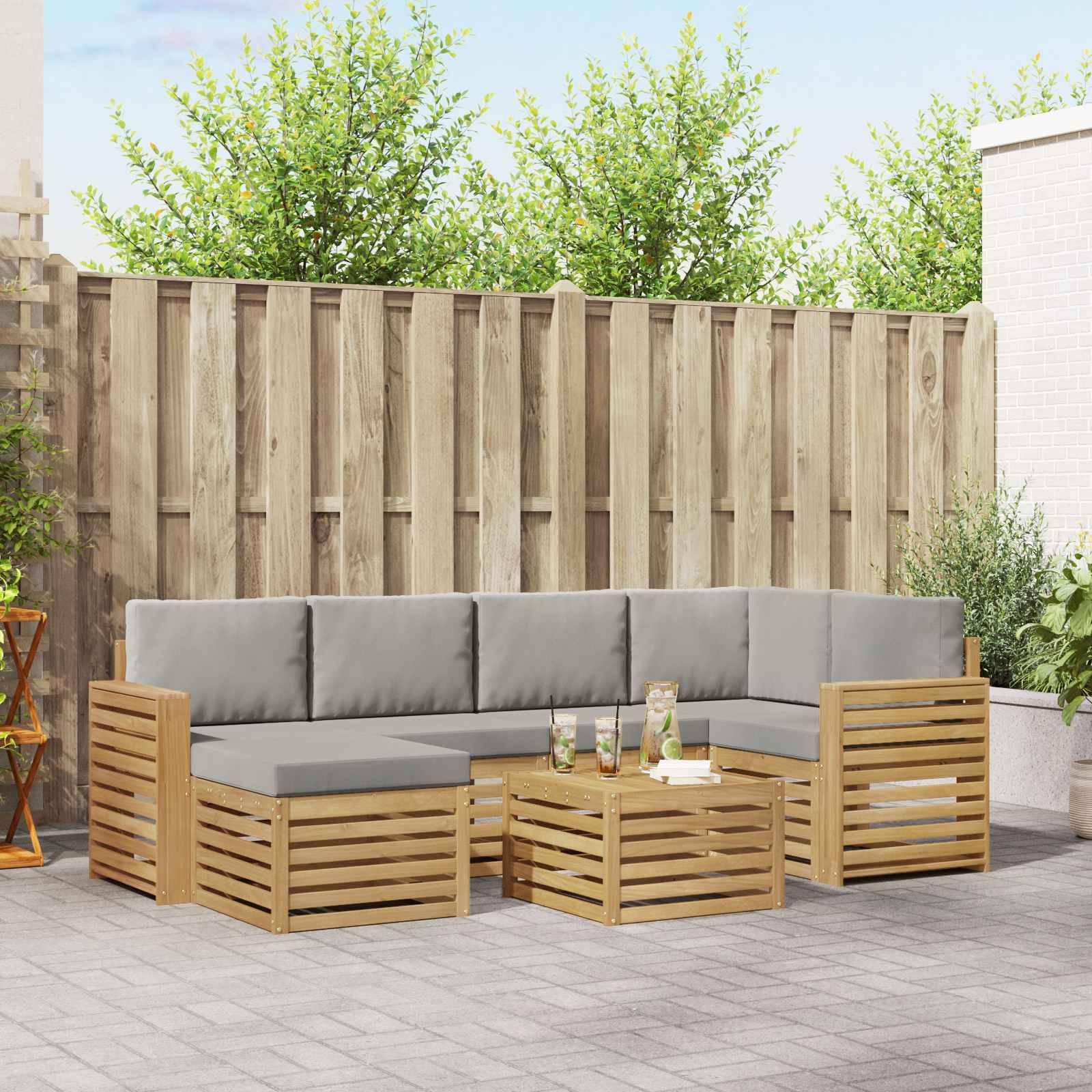 vidaXL Outdoor-Sofagarnitur 7 pcs Weiß und Hellgrau Polyester