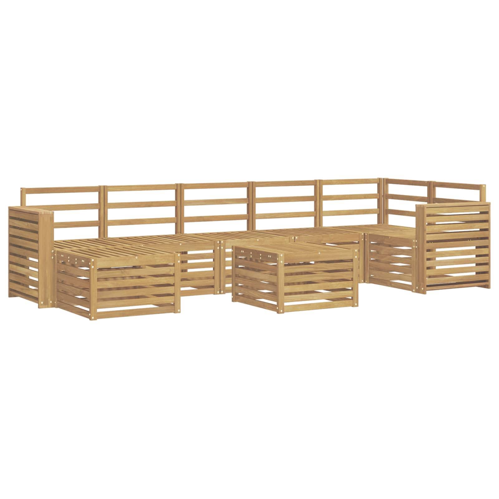 Holzmöbel für Außenbereiche mit Sitzplätzen, Latten-Bänken und Eckgeländern auf weißem Hintergrund
