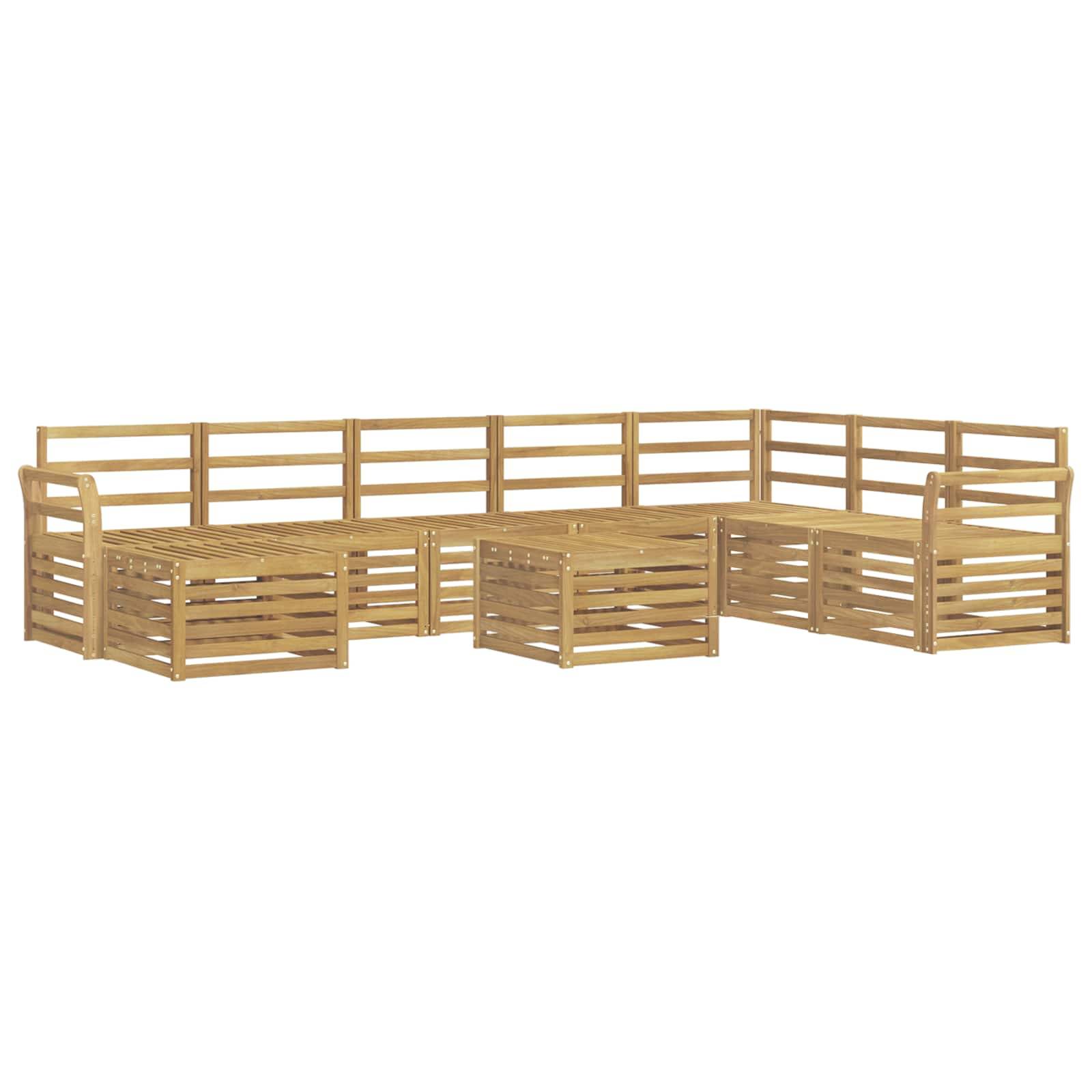 L-förmige Holz-Außenbankgarnitur mit Lamellenlehnen und kastenförmigen modularen Elementen auf weißem Hintergrund.