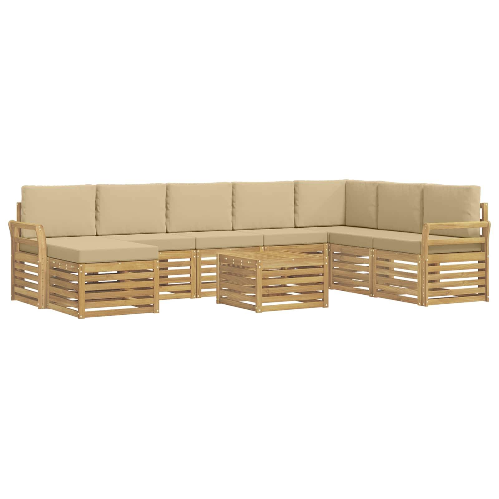 L-förmiges Outdoor-Sektionalsofa mit beigen Kissen und hellholzrahmen mit Lamellen, gezeigt auf weißem Hintergrund.