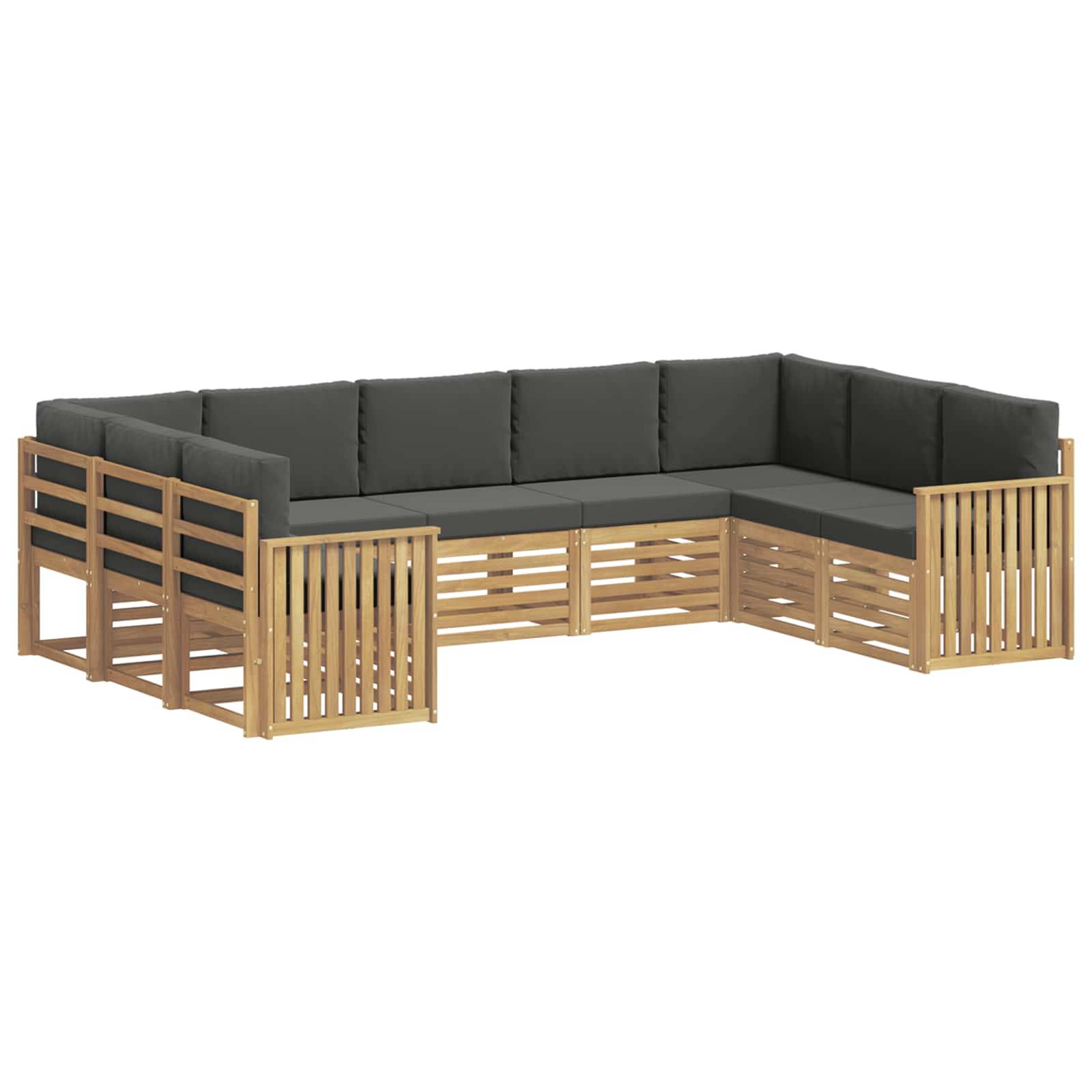 L-förmiges Außen-Ecksofa mit hellem Holzlattenrahmen und dunkelgrauen Kissen auf weißem Hintergrund.