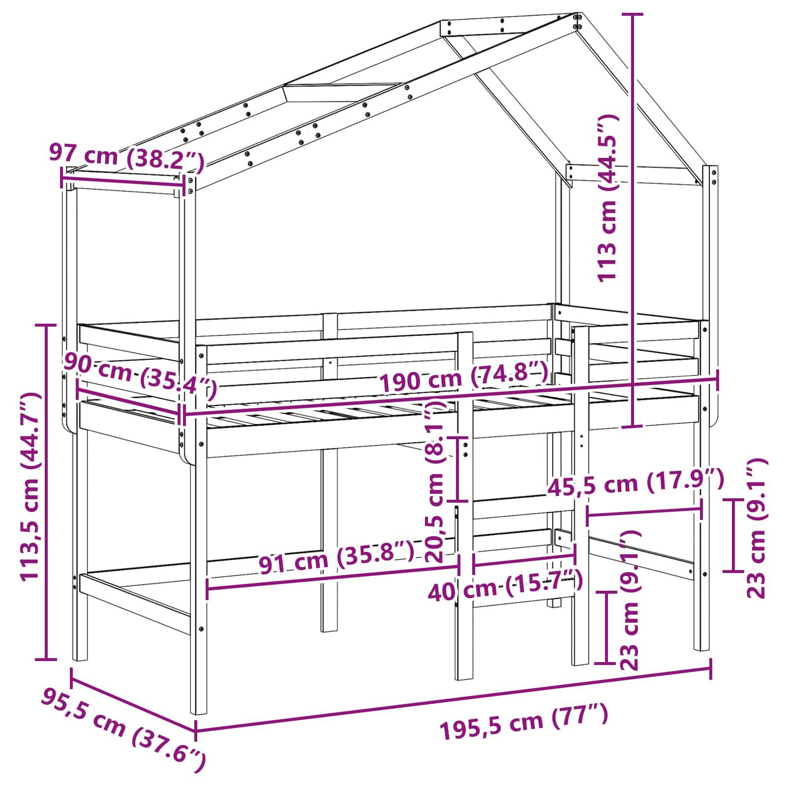 vidaXL Hochbettrahmen Wachsbraun 90 x 190 cm Massives Kiefernholz