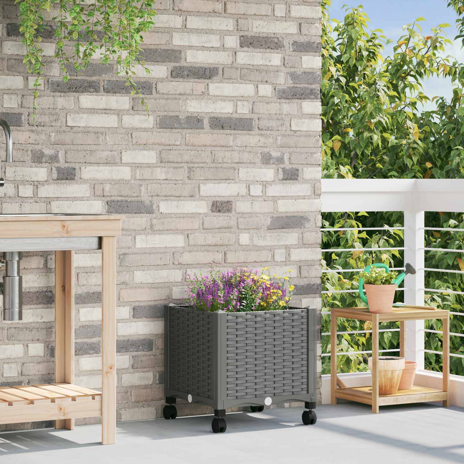 vidaXL Gartenpflanzer mit Rädern Hellgrau 40 x 40 x 48 cm PP