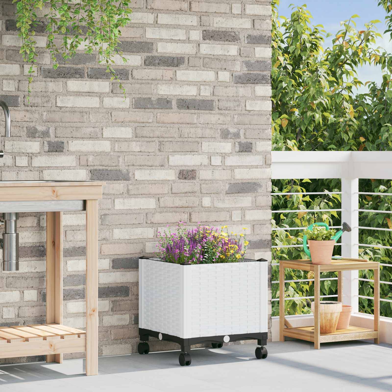 vidaXL Gartenpflanzer mit Rädern Weiß 40 x 40 x 48 cm PP