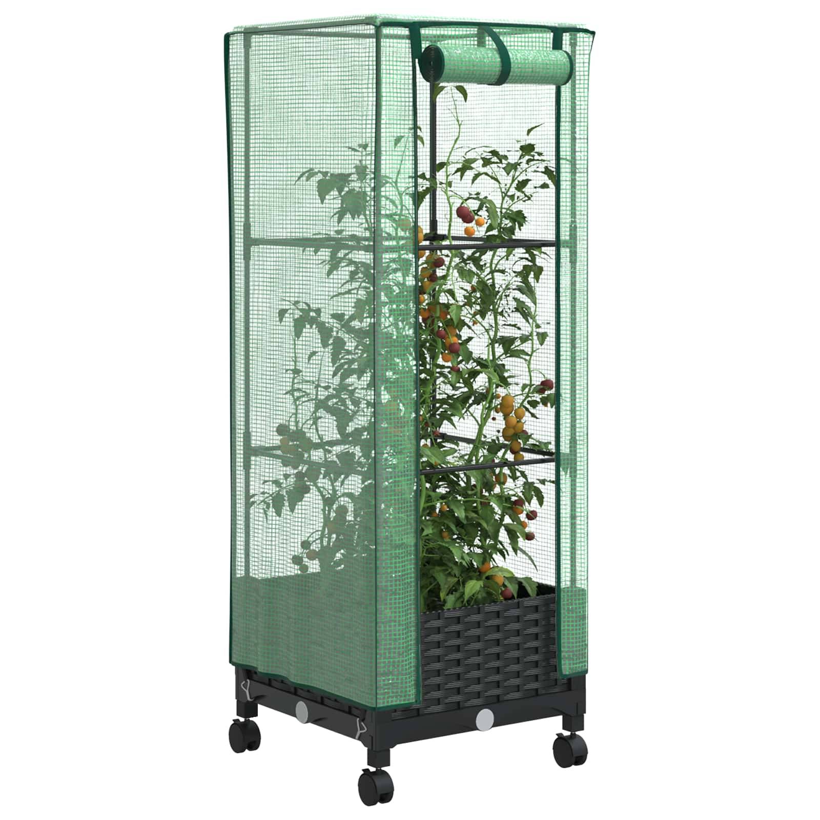 vidaXL Gartenplanter mit Gewächshausabdeckung und Rädern Schwarz PP