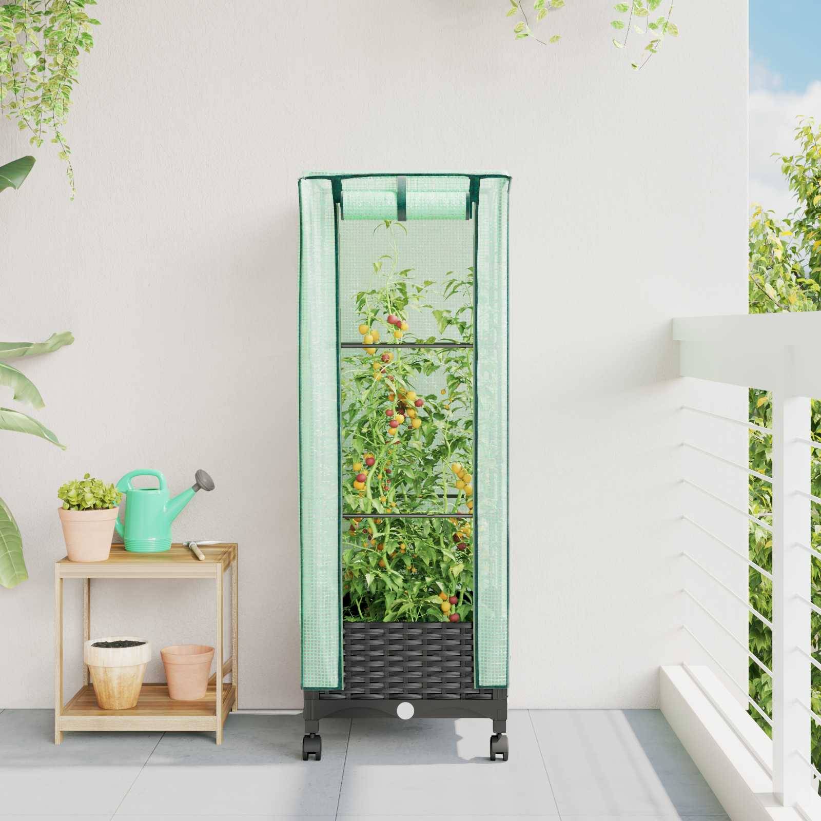 vidaXL Gartenplanter mit Gewächshausabdeckung und Rädern Schwarz PP