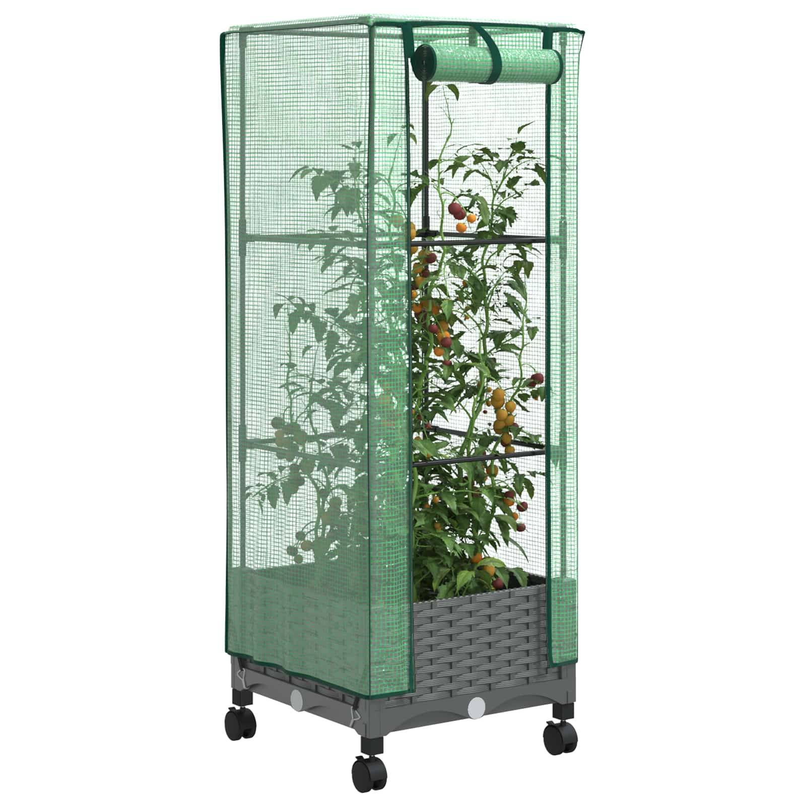 vidaXL Gartenplanter mit Gewächshausabdeckung und Rädern Hellgrau PP