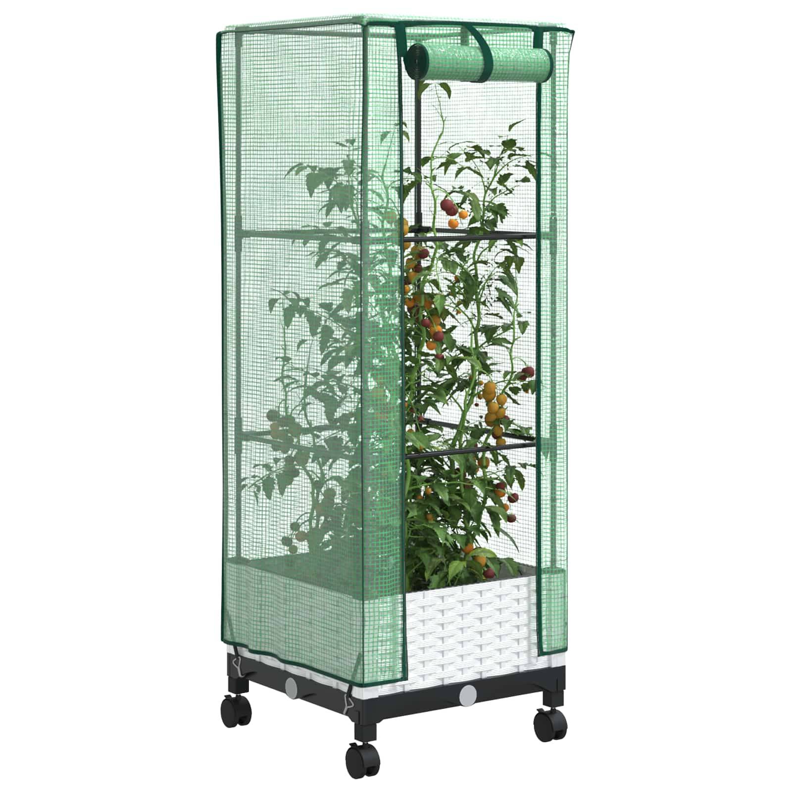 vidaXL Gartenplanter mit Gewächshausabdeckung und Rädern Weiß PP