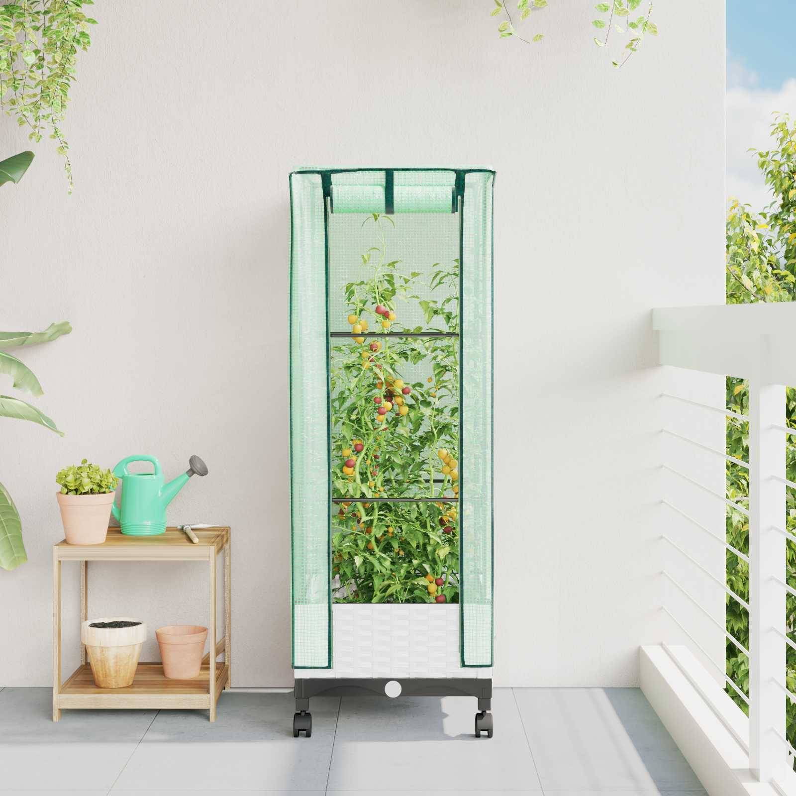 vidaXL Gartenplanter mit Gewächshausabdeckung und Rädern Weiß PP