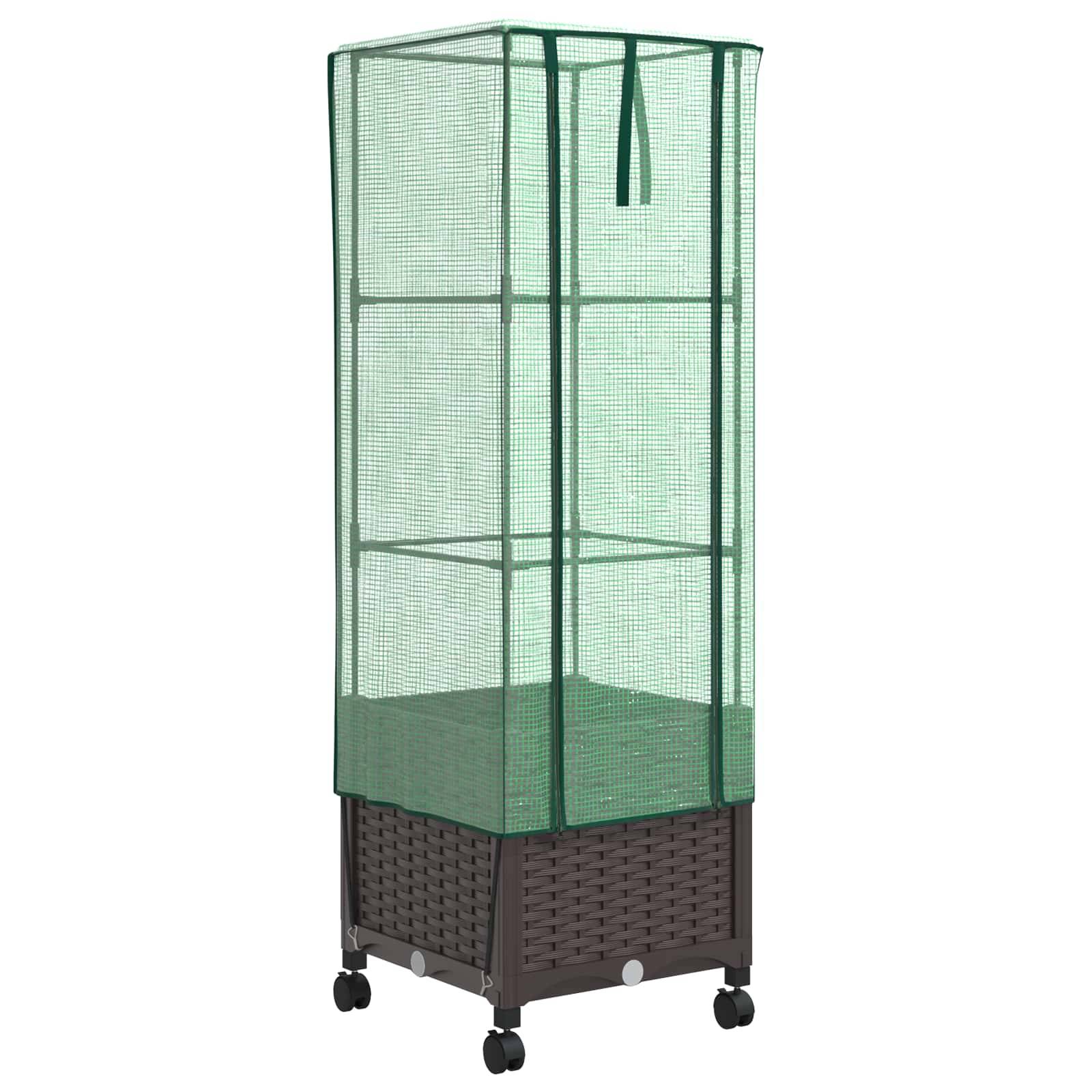 vidaXL Gartenplanter mit Gewächshausabdeckung und Rädern Braun PP
