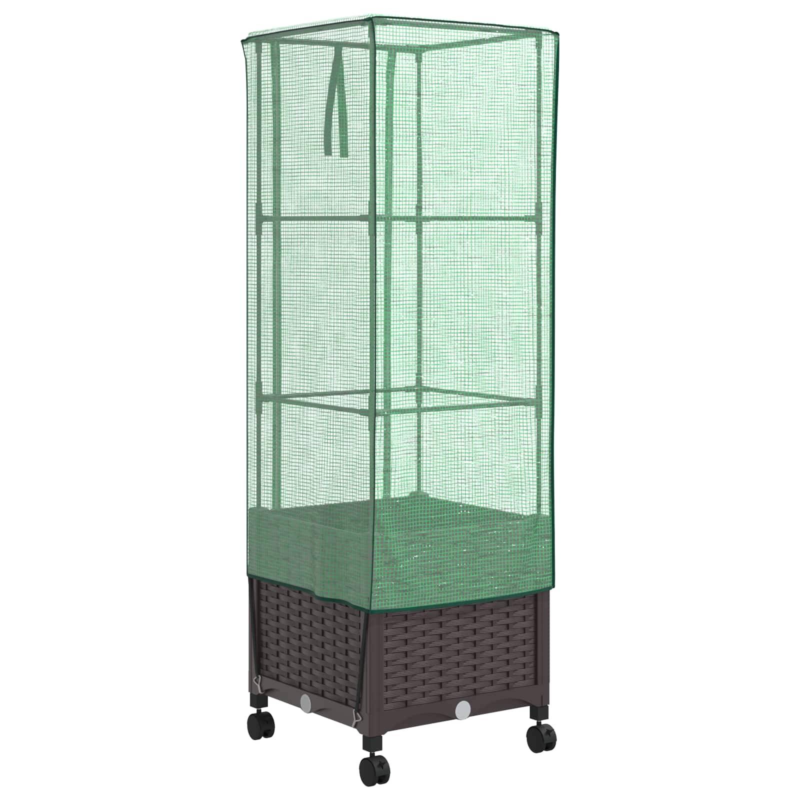 vidaXL Gartenplanter mit Gewächshausabdeckung und Rädern Braun PP