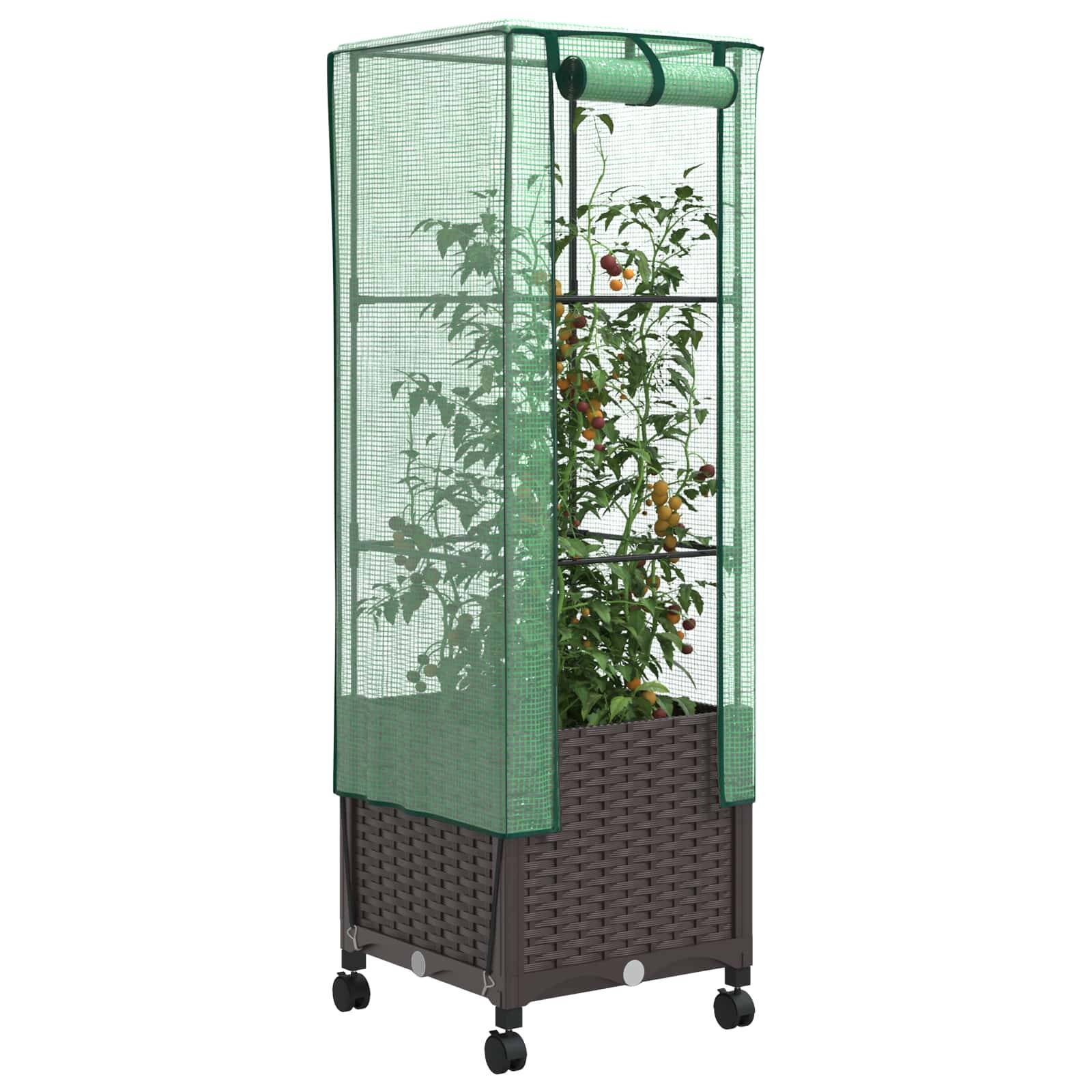 vidaXL Gartenplanter mit Gewächshausabdeckung und Rädern Braun PP