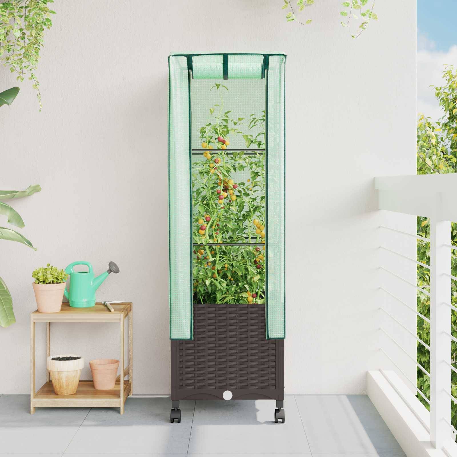 vidaXL Gartenplanter mit Gewächshausabdeckung und Rädern Braun PP
